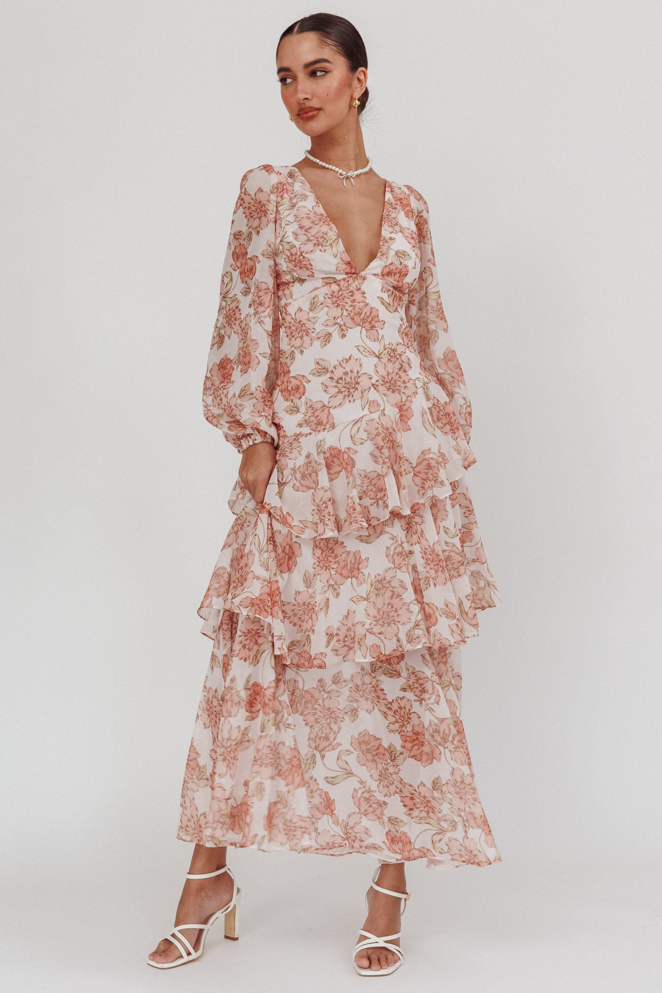 Veda Long Sleeve Floral Tiered Ruffle Maxi Dress Peach by Selfie Leslie Australia