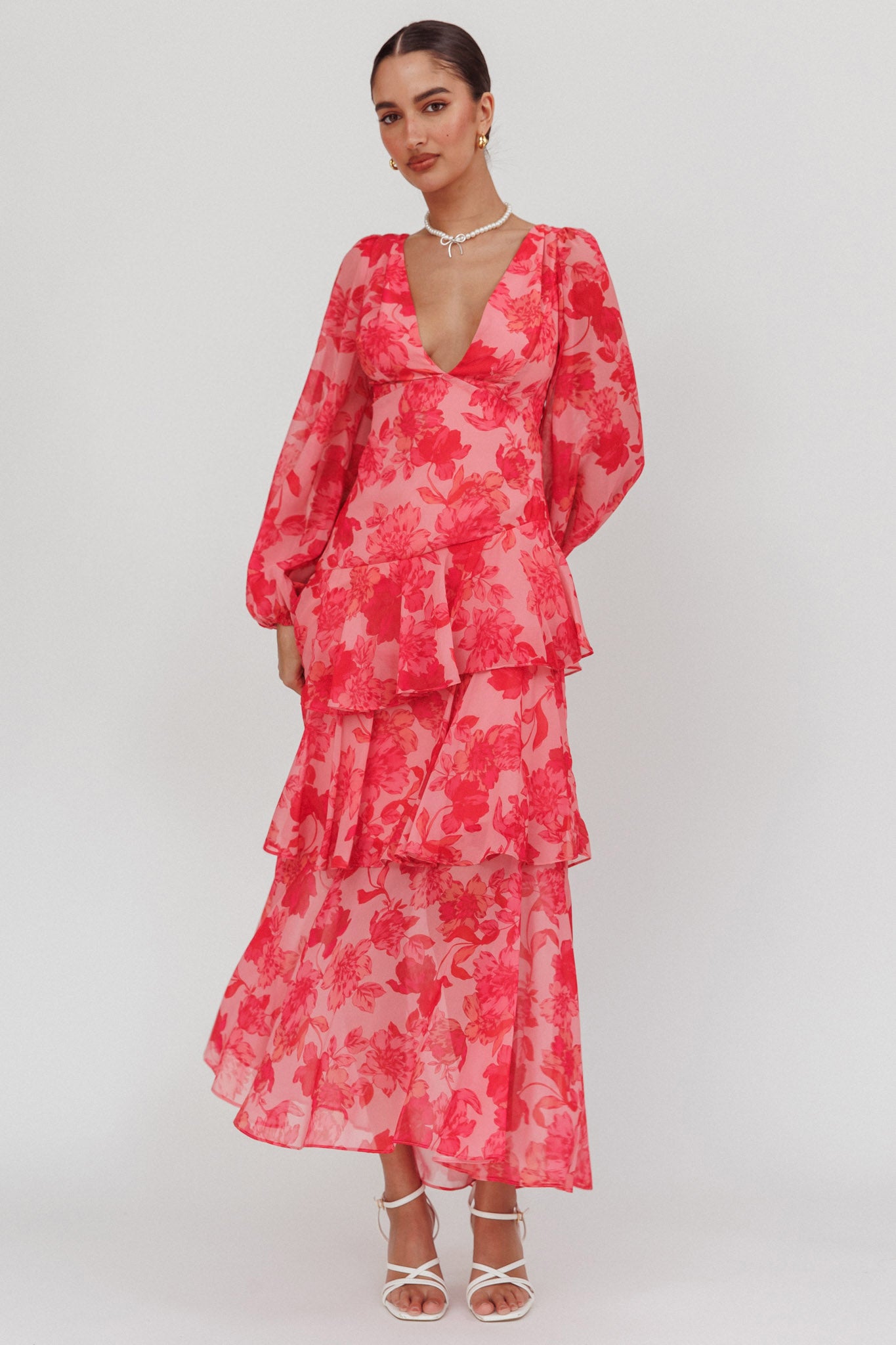 Veda Long Sleeve Floral Tiered Ruffle Maxi Dress Pink by Selfie Leslie Australia