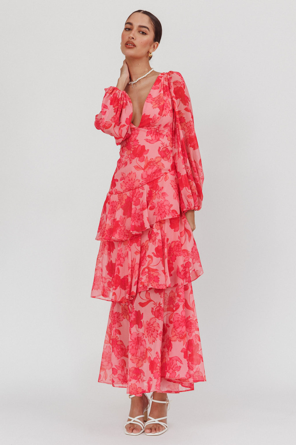 Veda Long Sleeve Floral Tiered Ruffle Maxi Dress Pink by Selfie Leslie Australia