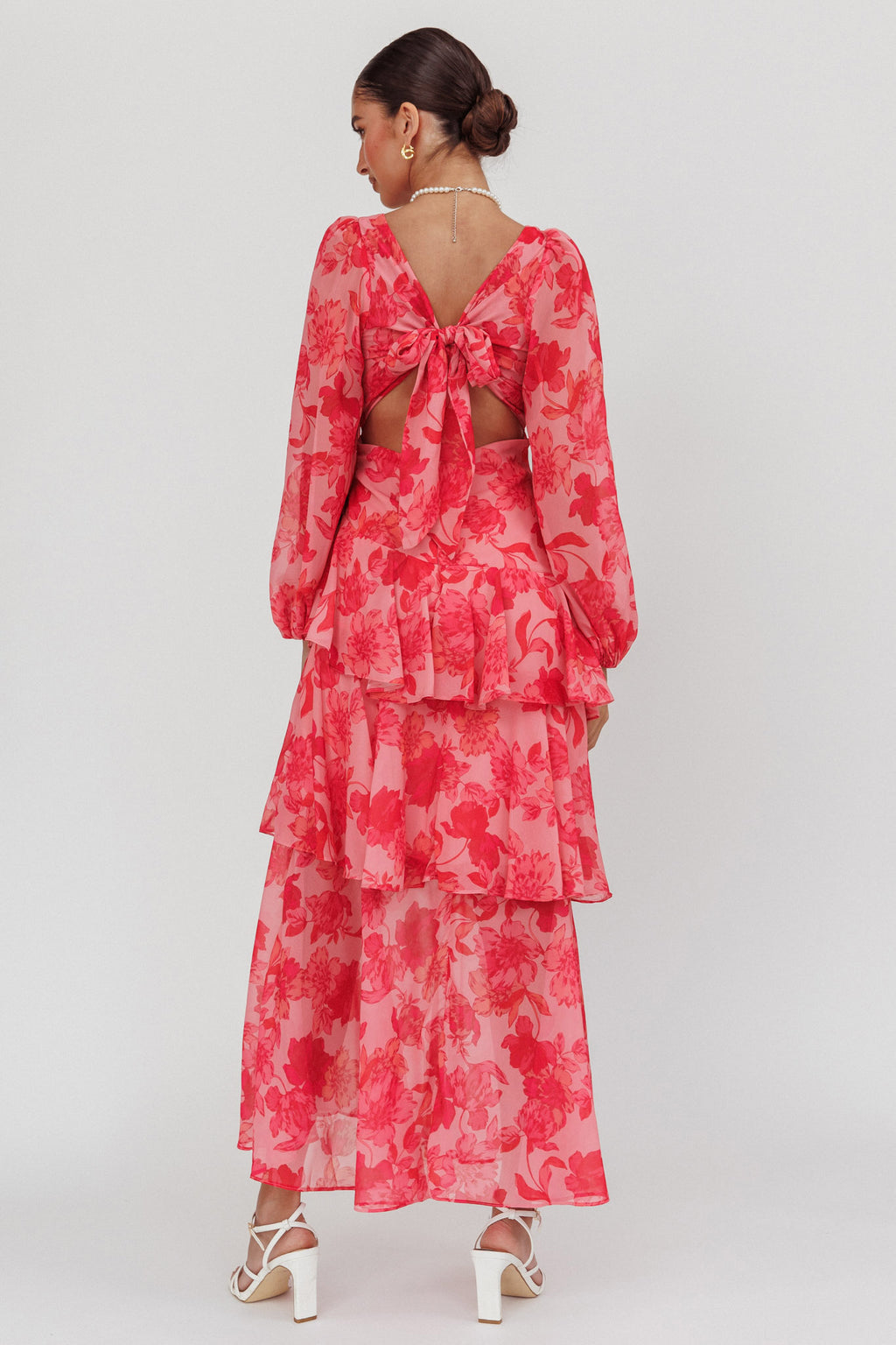 Veda Long Sleeve Floral Tiered Ruffle Maxi Dress Pink by Selfie Leslie Australia