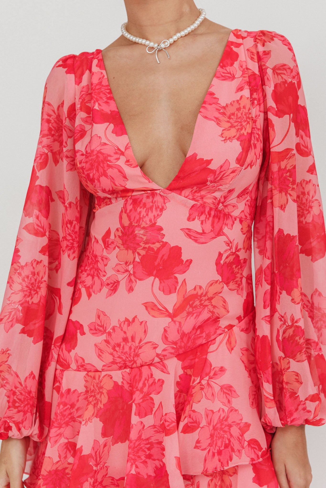 Veda Long Sleeve Floral Tiered Ruffle Maxi Dress Pink by Selfie Leslie Australia