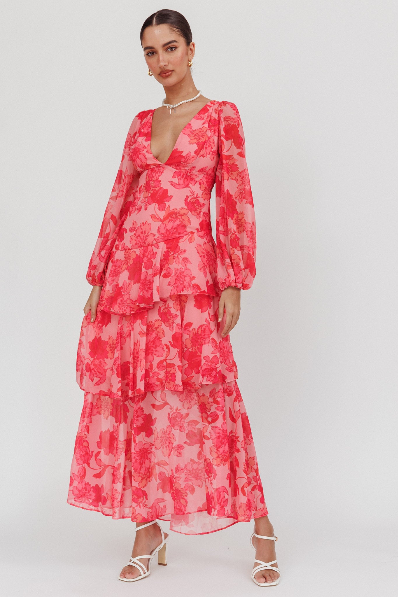 Veda Long Sleeve Floral Tiered Ruffle Maxi Dress Pink by Selfie Leslie Australia