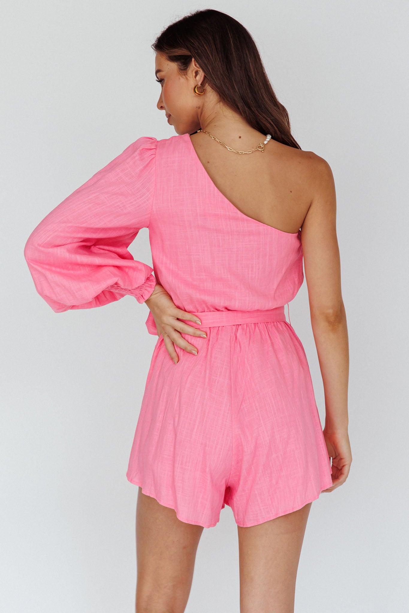 Summer Lover One-Shoulder Long Sleeve Romper Pink by Selfie Leslie Australia