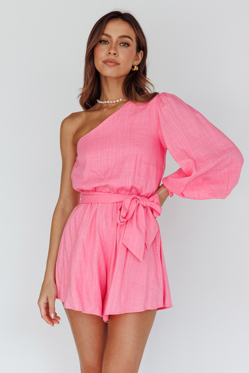 Summer Lover One-Shoulder Long Sleeve Romper Pink by Selfie Leslie Australia