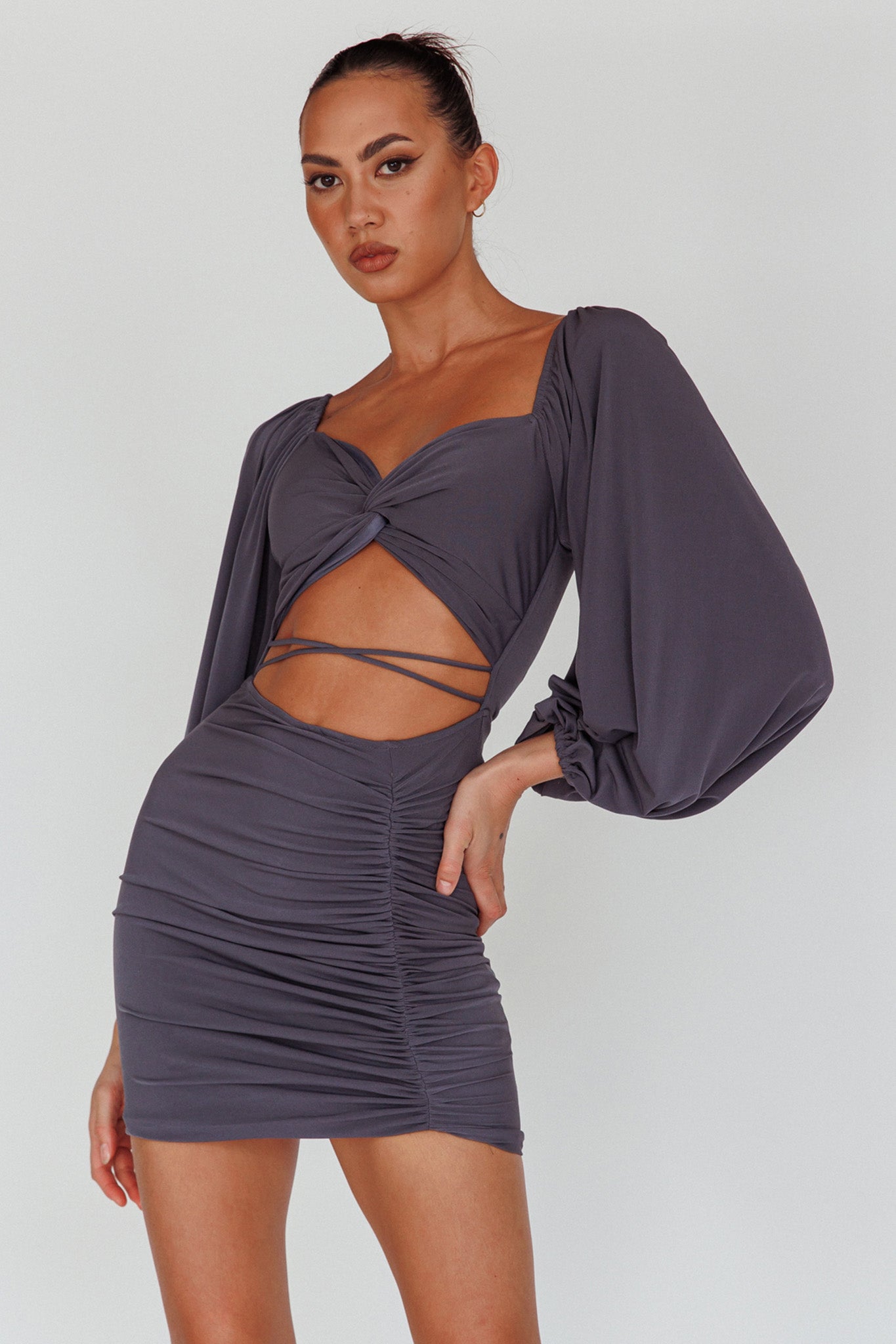 In Luck Cut-Out Waist Ruched Mini Dress Charcoal by Selfie Leslie Australia