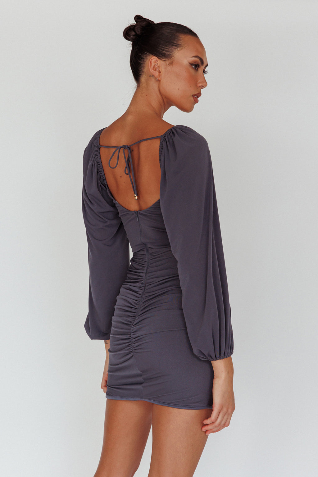 In Luck Cut-Out Waist Ruched Mini Dress Charcoal by Selfie Leslie Australia