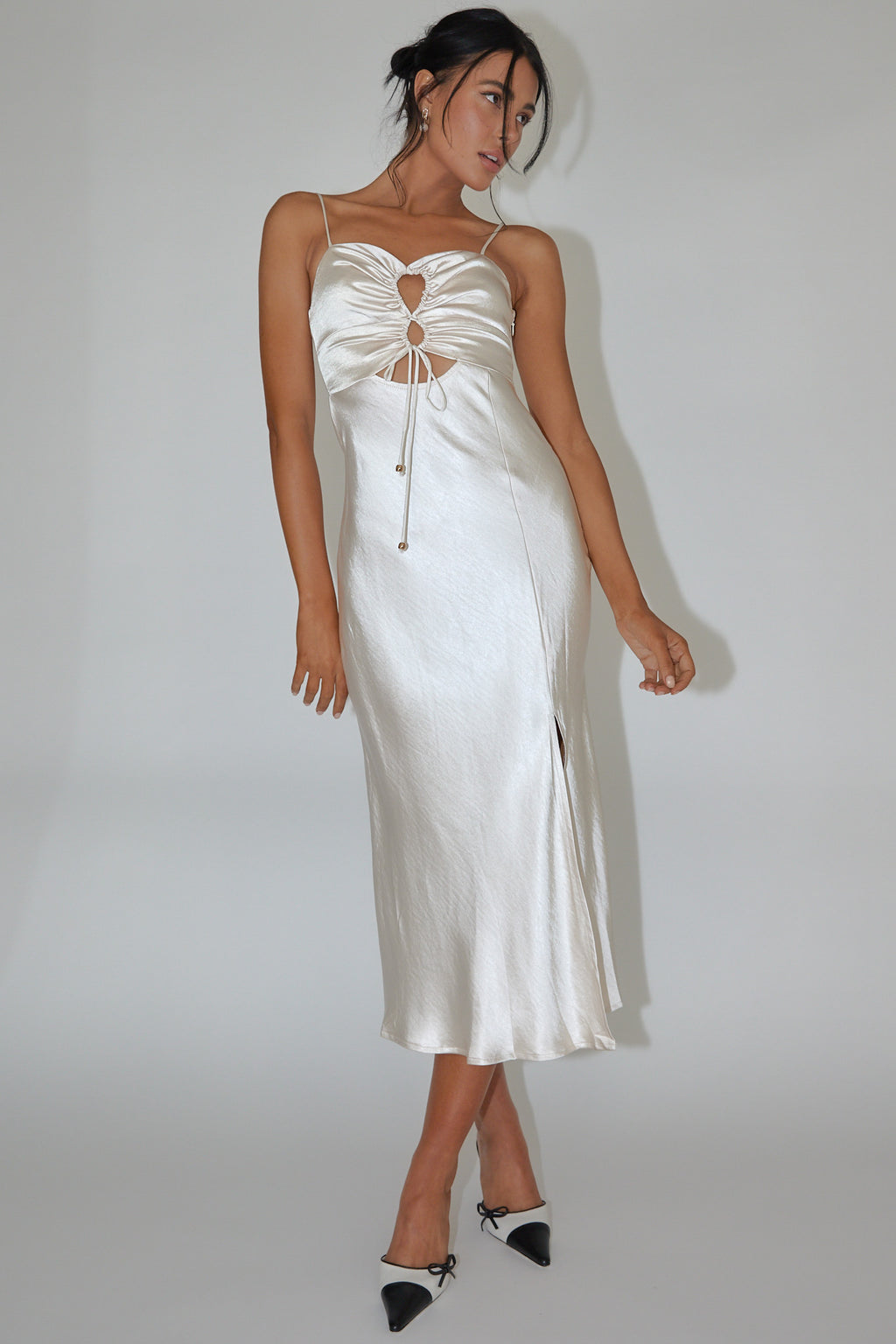 Date Night Drawstring Bust Midi Dress Champagne by Selfie Leslie Australia