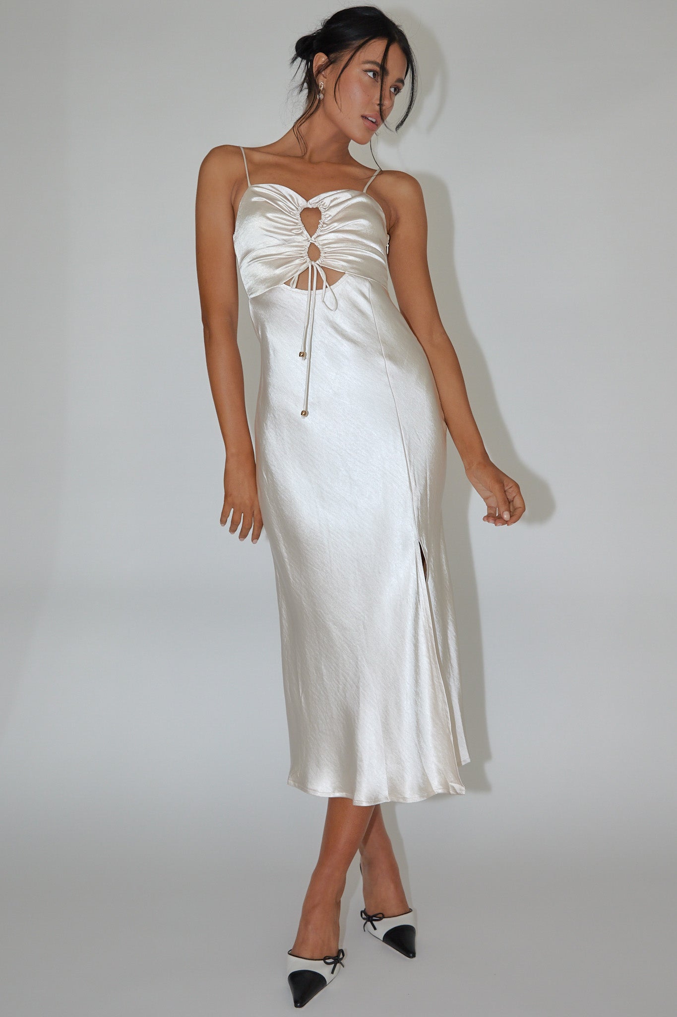 Date Night Drawstring Bust Midi Dress Champagne by Selfie Leslie Australia