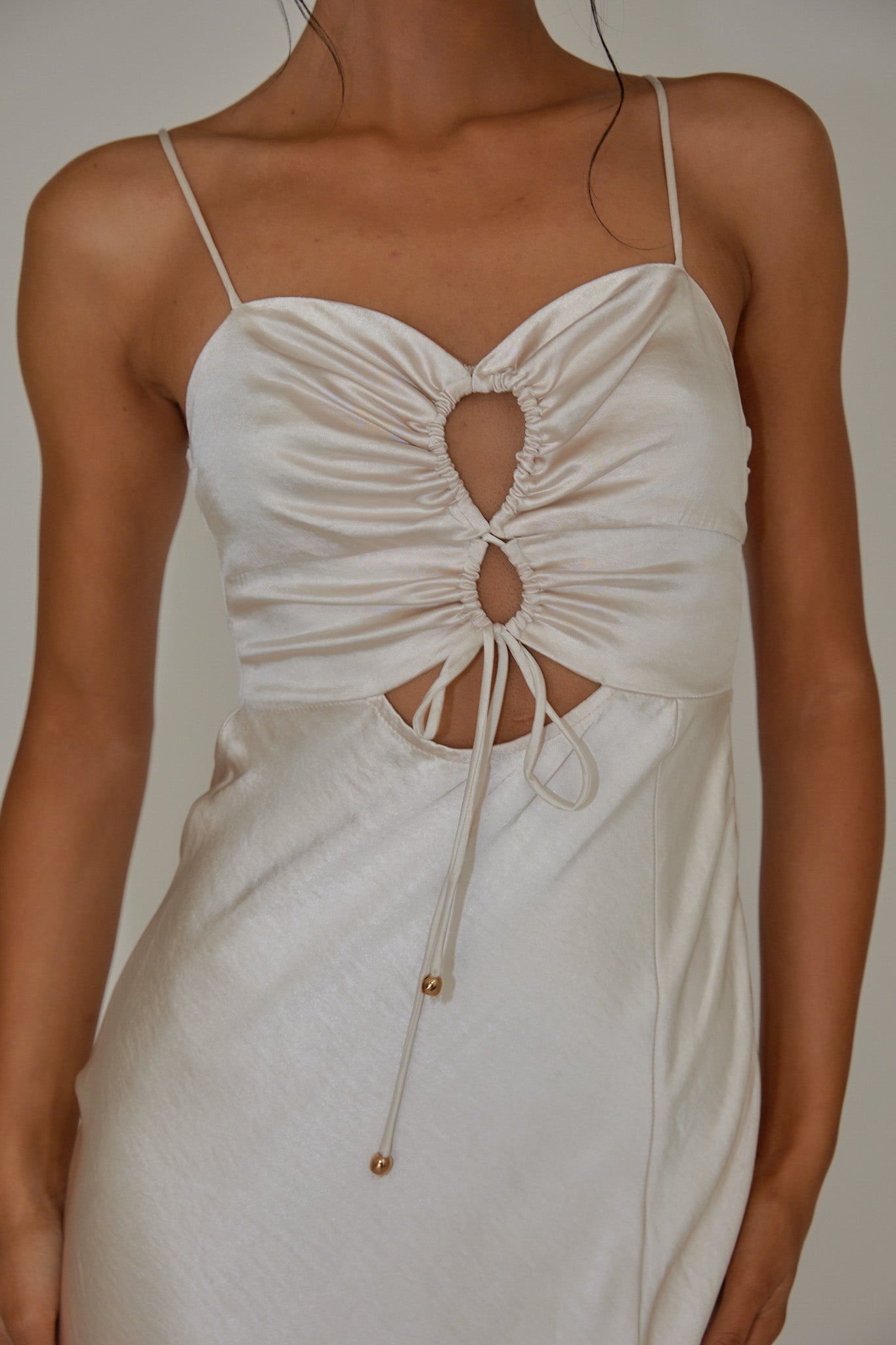 Date Night Drawstring Bust Midi Dress Champagne by Selfie Leslie Australia