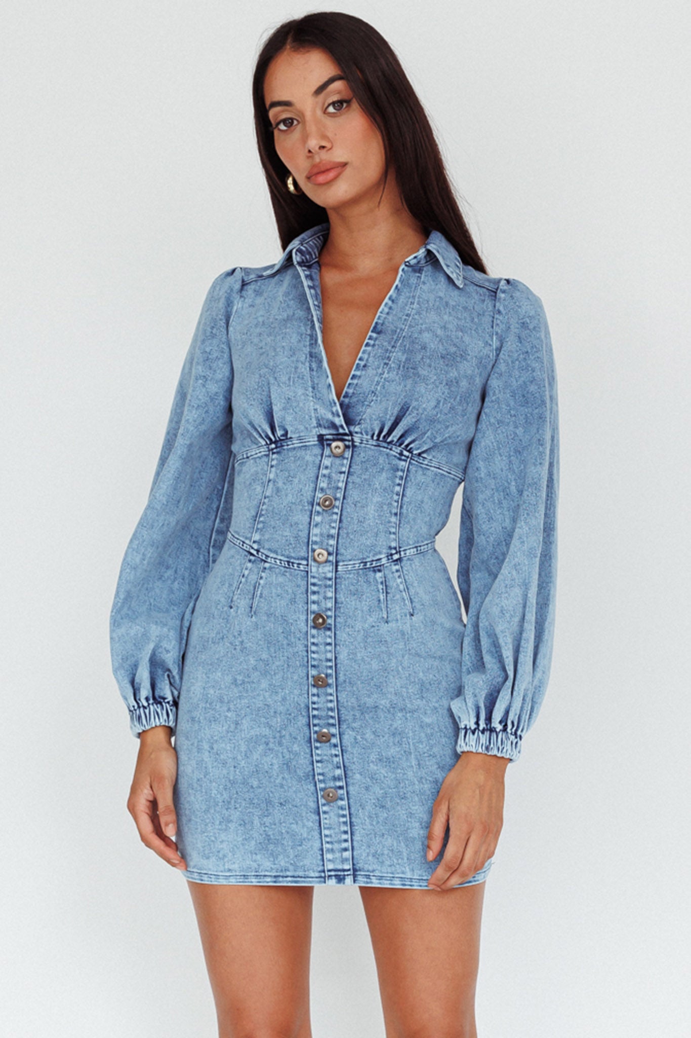 South Beach Long Sleeve Collared Mini Dress Denim by Selfie Leslie Australia