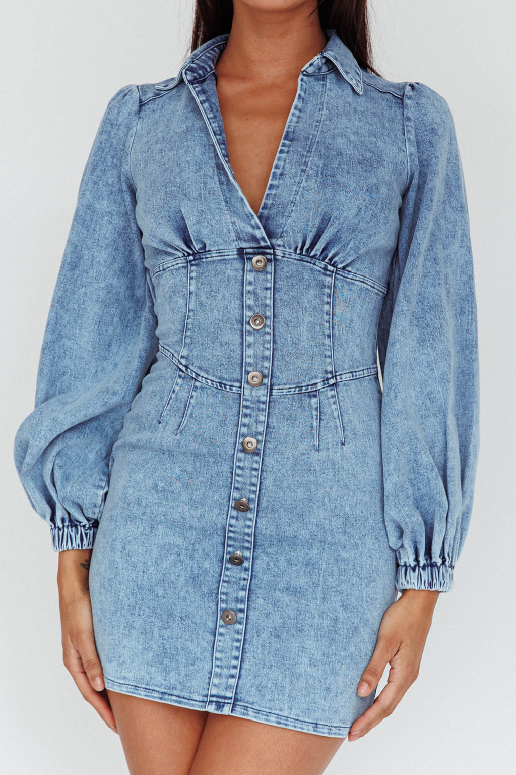 South Beach Long Sleeve Collared Mini Dress Denim by Selfie Leslie Australia