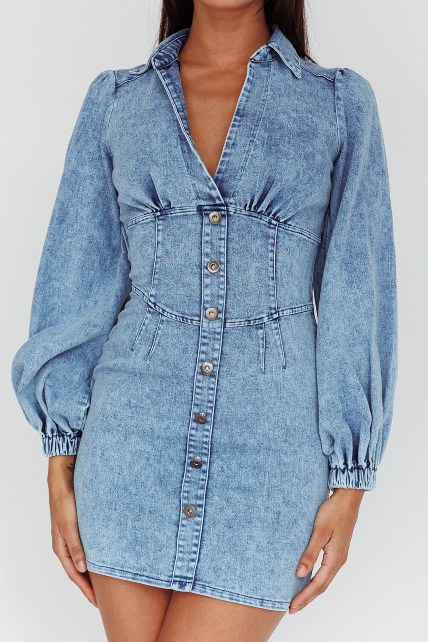 South Beach Long Sleeve Collared Mini Dress Denim by Selfie Leslie Australia