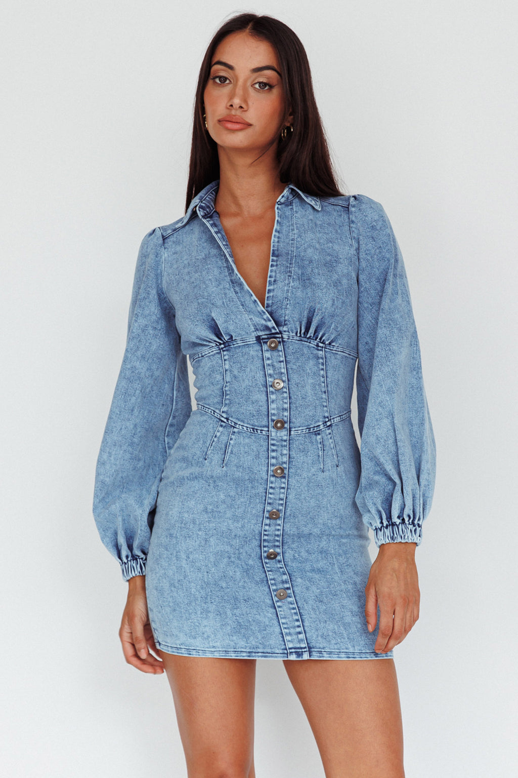 South Beach Long Sleeve Collared Mini Dress Denim by Selfie Leslie Australia