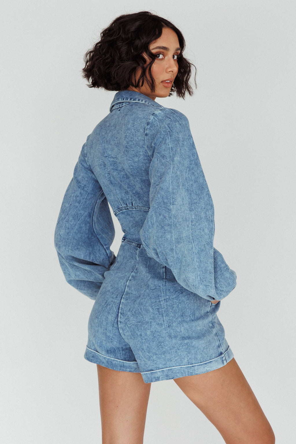South Beach Long Sleeve Collared Romper Denim by Selfie Leslie Australia