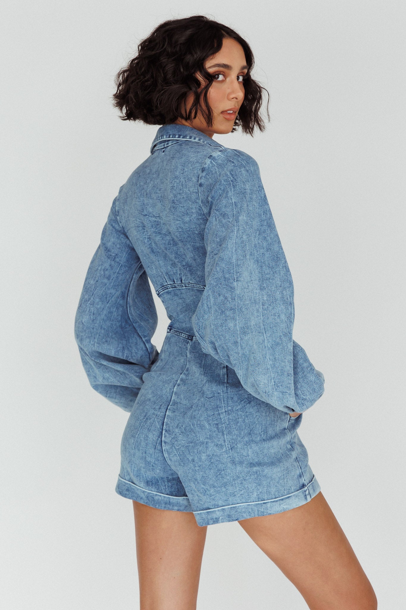 South Beach Long Sleeve Collared Romper Denim by Selfie Leslie Australia