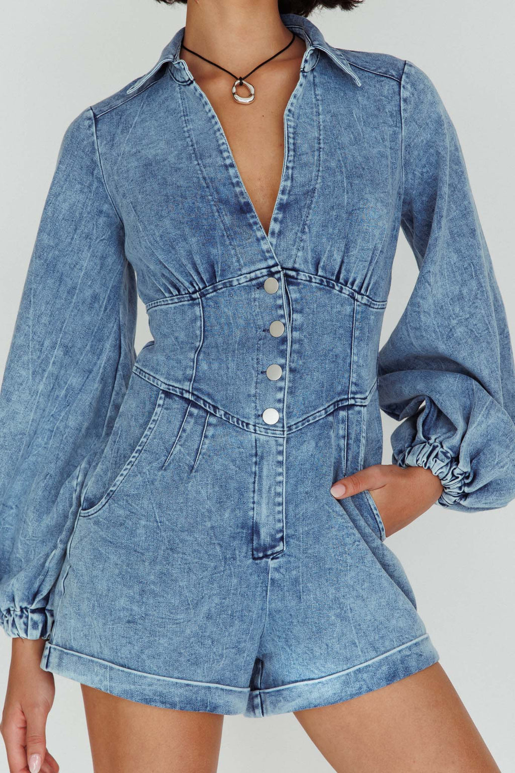 South Beach Long Sleeve Collared Romper Denim by Selfie Leslie Australia