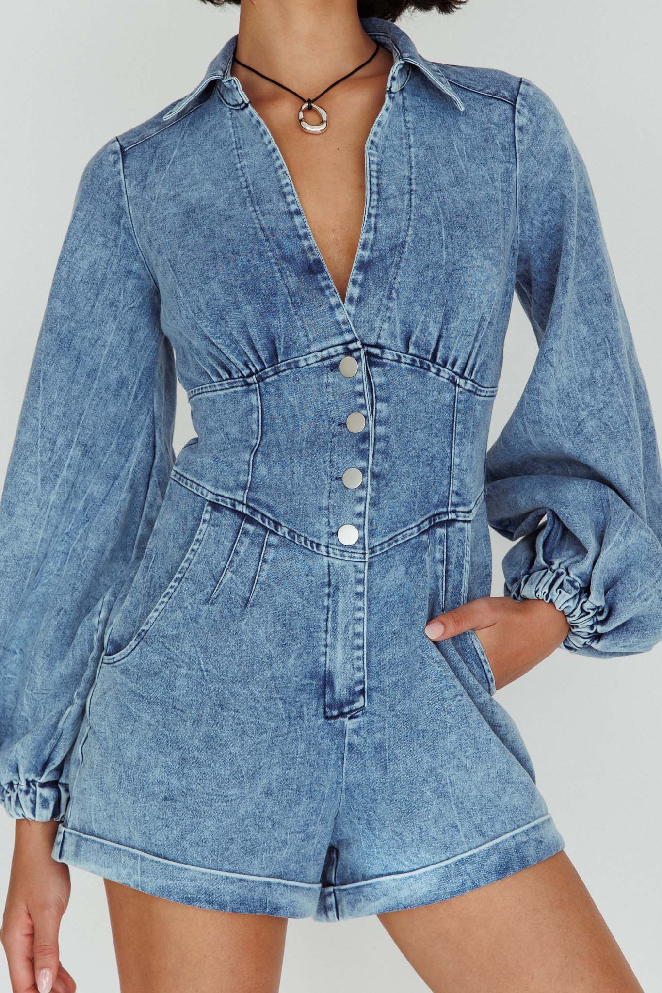 South Beach Long Sleeve Collared Romper Denim by Selfie Leslie Australia