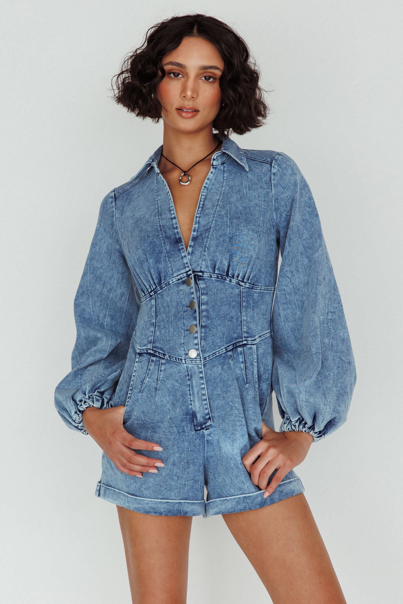 South Beach Long Sleeve Collared Romper Denim by Selfie Leslie Australia
