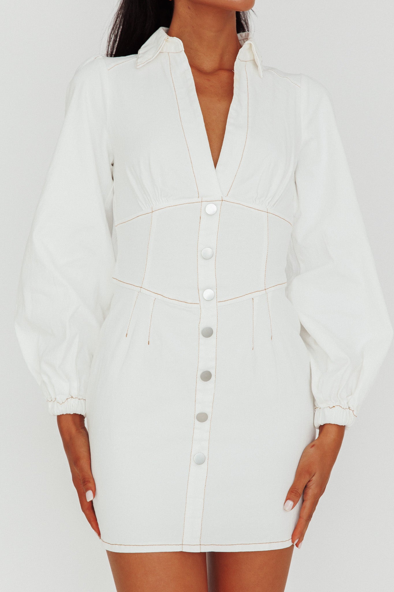 South Beach Long Sleeve Collared Mini Dress White by Selfie Leslie Australia