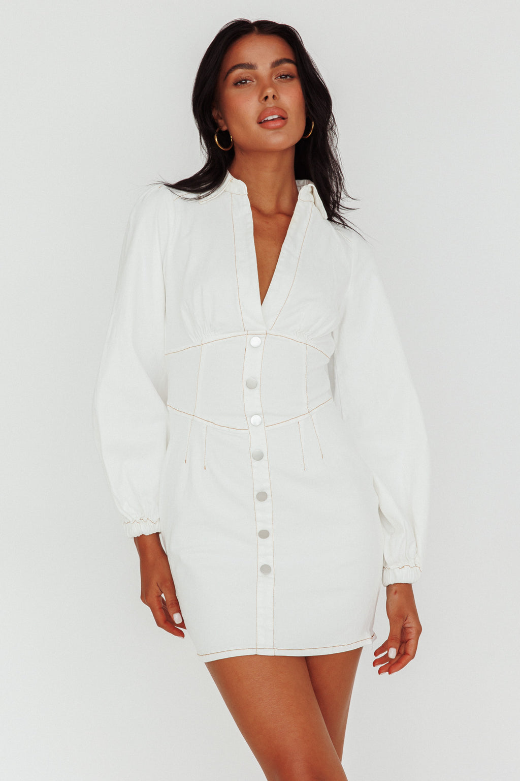 South Beach Long Sleeve Collared Mini Dress White by Selfie Leslie Australia