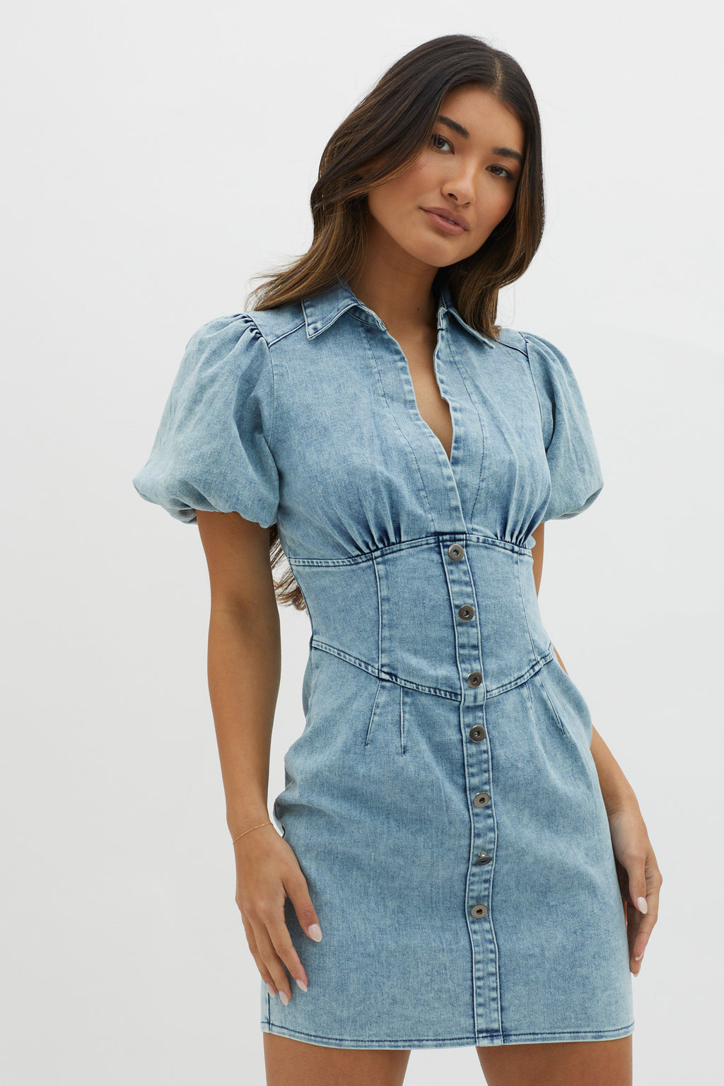 South Beach Puff Sleeve Collared Mini Dress Denim by Selfie Leslie Australia