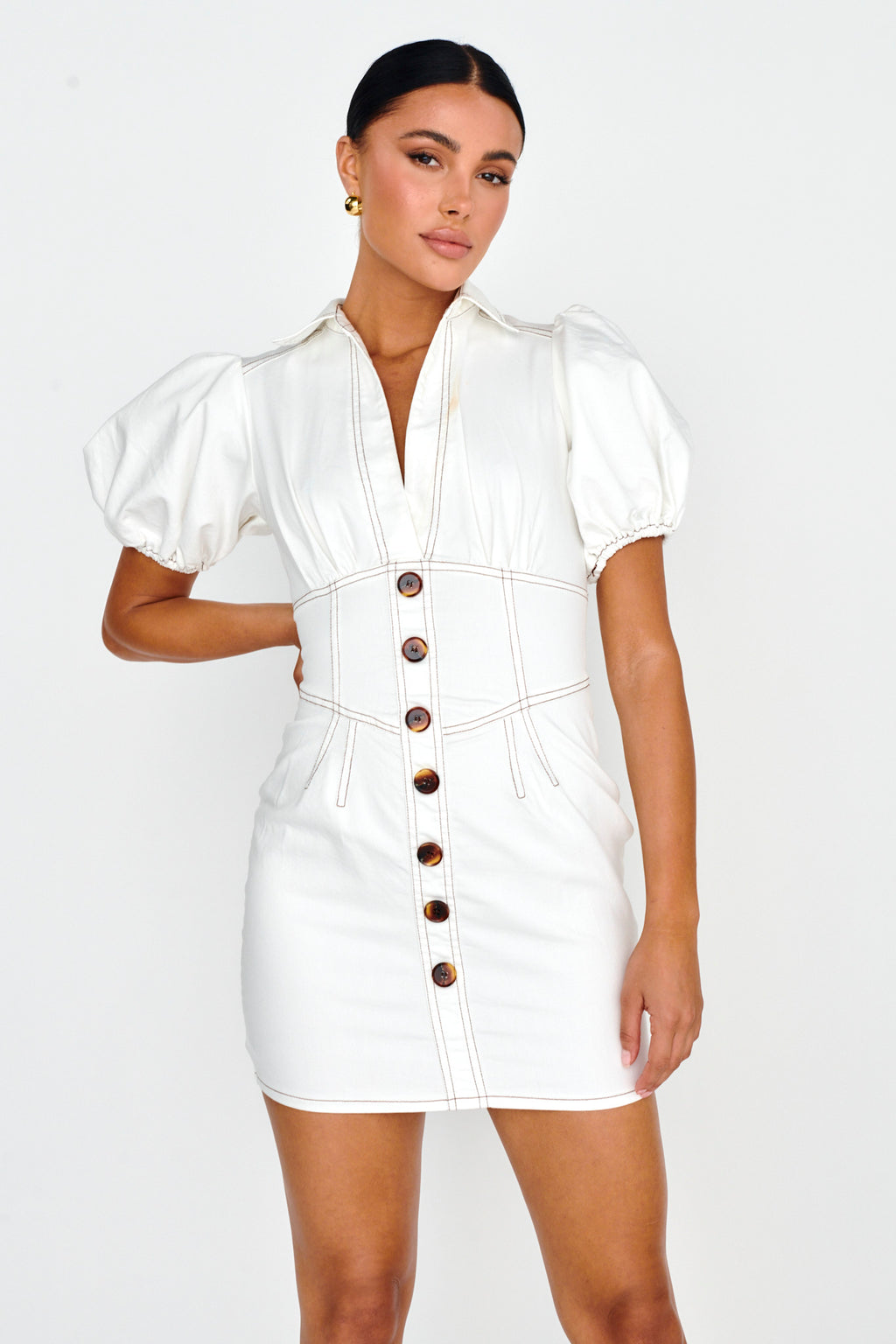 South Beach Puff Sleeve Collared Mini Dress White by Selfie Leslie Australia