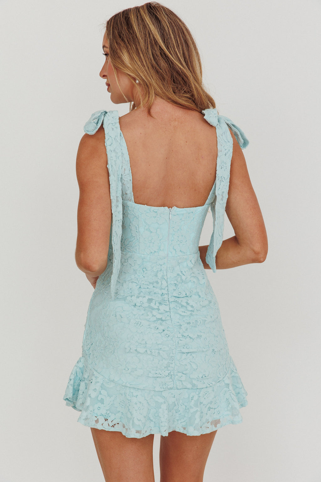 Neriah Tied Shoulder Lace Mini Dress Baby Blue by Selfie Leslie Australia