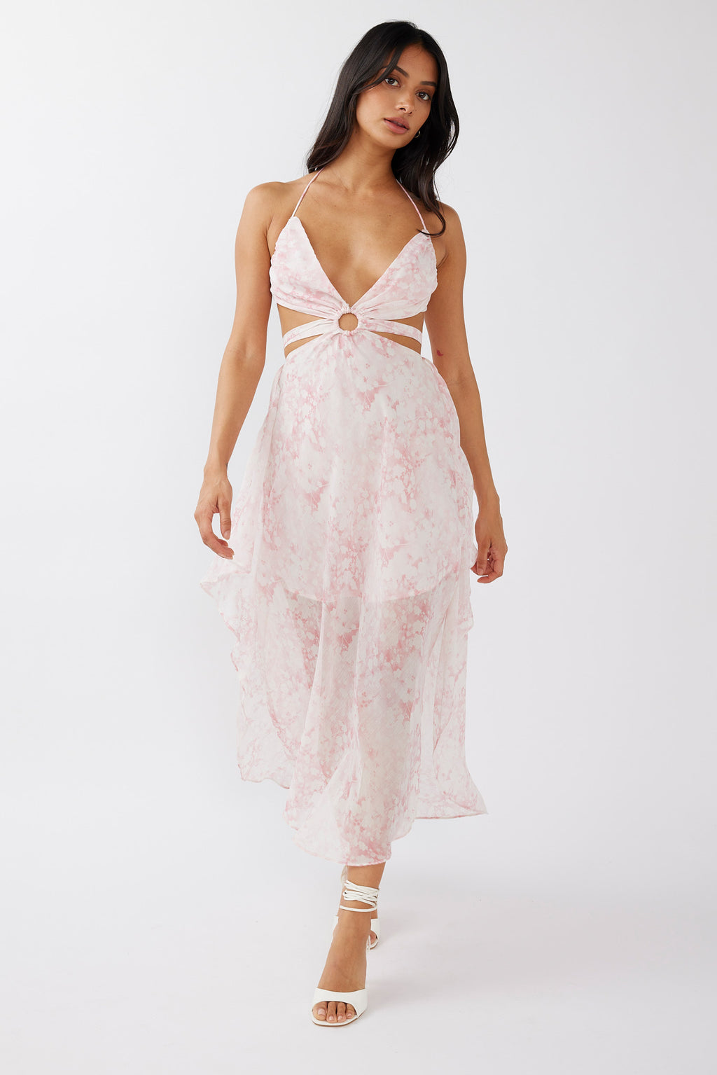 Samia Cut-Out Halterneck Midi Dress Print Blush by Selfie Leslie Australia