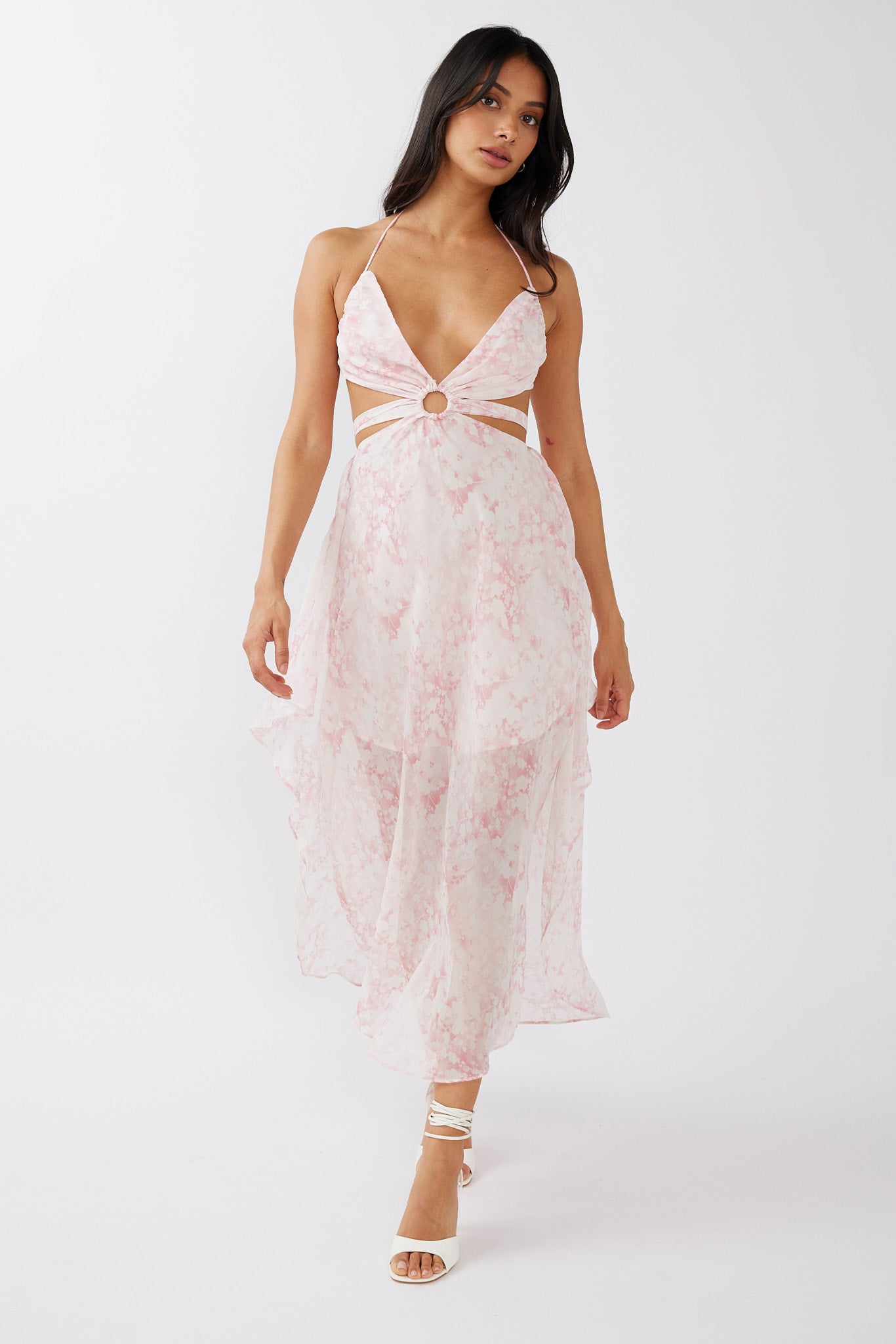 Samia Cut-Out Halterneck Midi Dress Print Blush by Selfie Leslie Australia