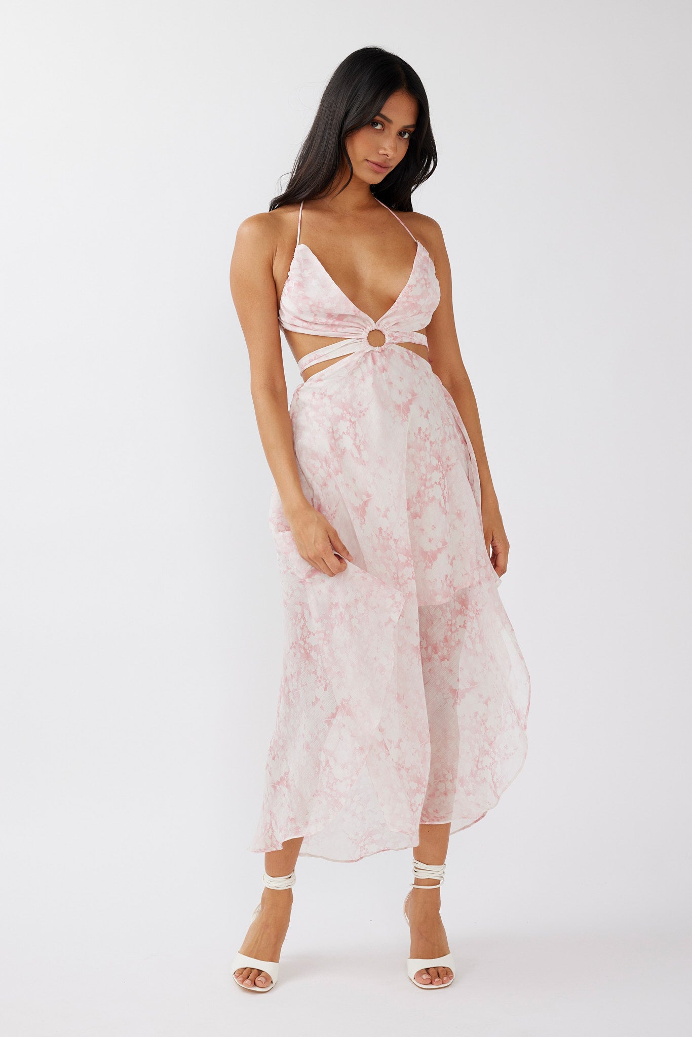Samia Cut-Out Halterneck Midi Dress Print Blush by Selfie Leslie Australia