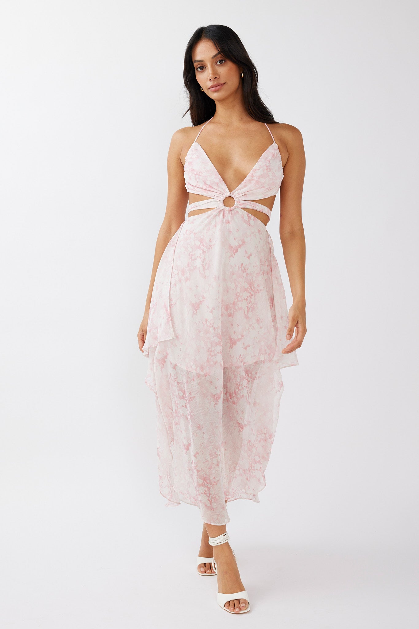 Samia Cut-Out Halterneck Midi Dress Print Blush by Selfie Leslie Australia