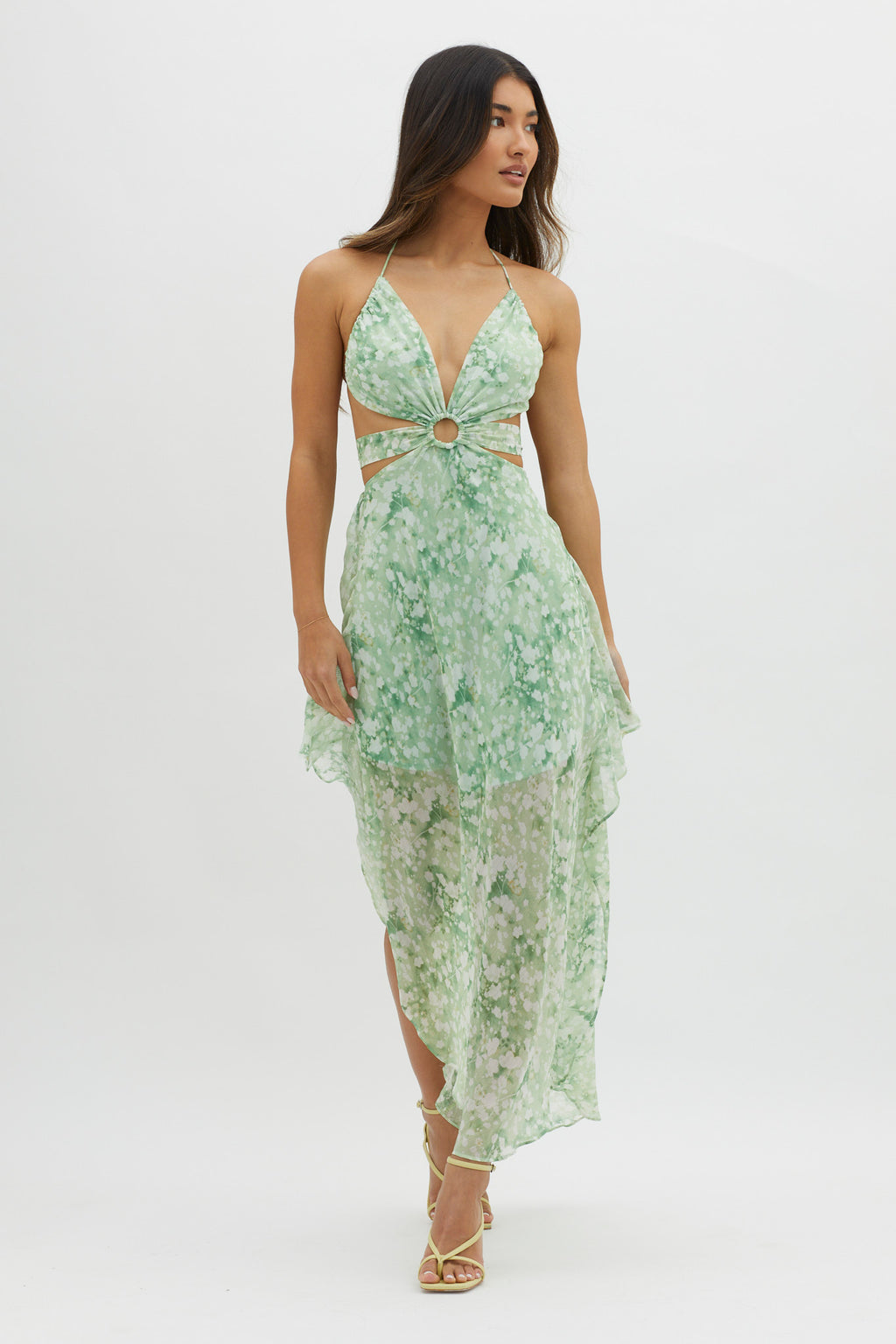 Samia Cut-Out Halterneck Midi Dress Print Green by Selfie Leslie Australia