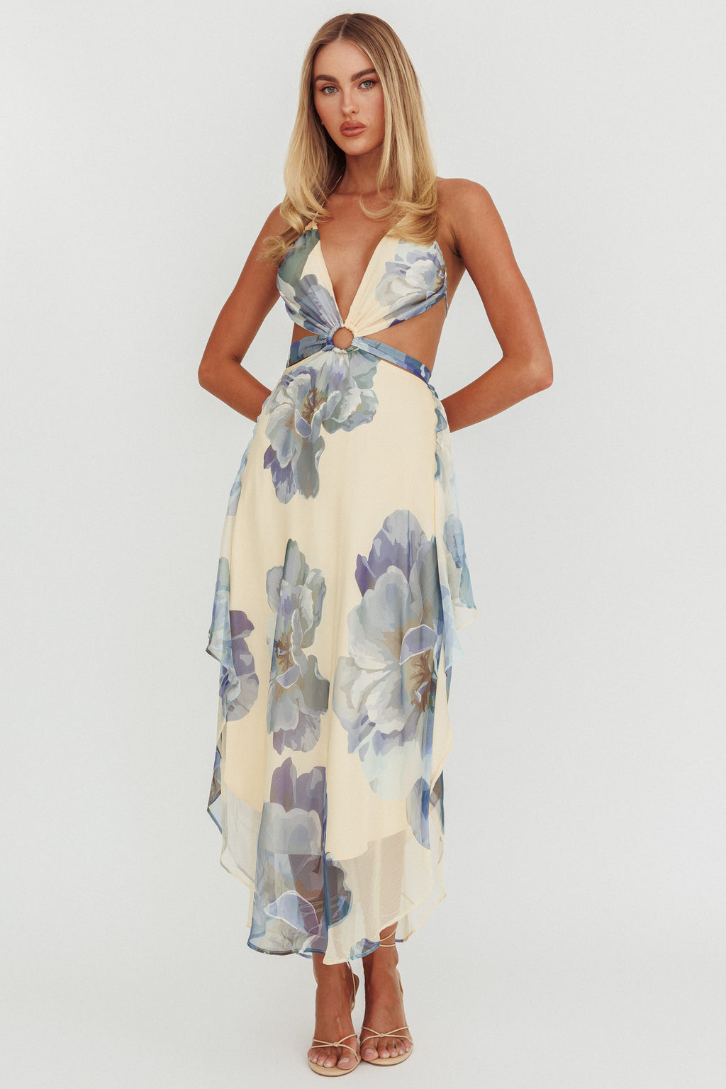 Samia Cut-Out Halterneck Maxi Dress Beige/Blue by Selfie Leslie Australia