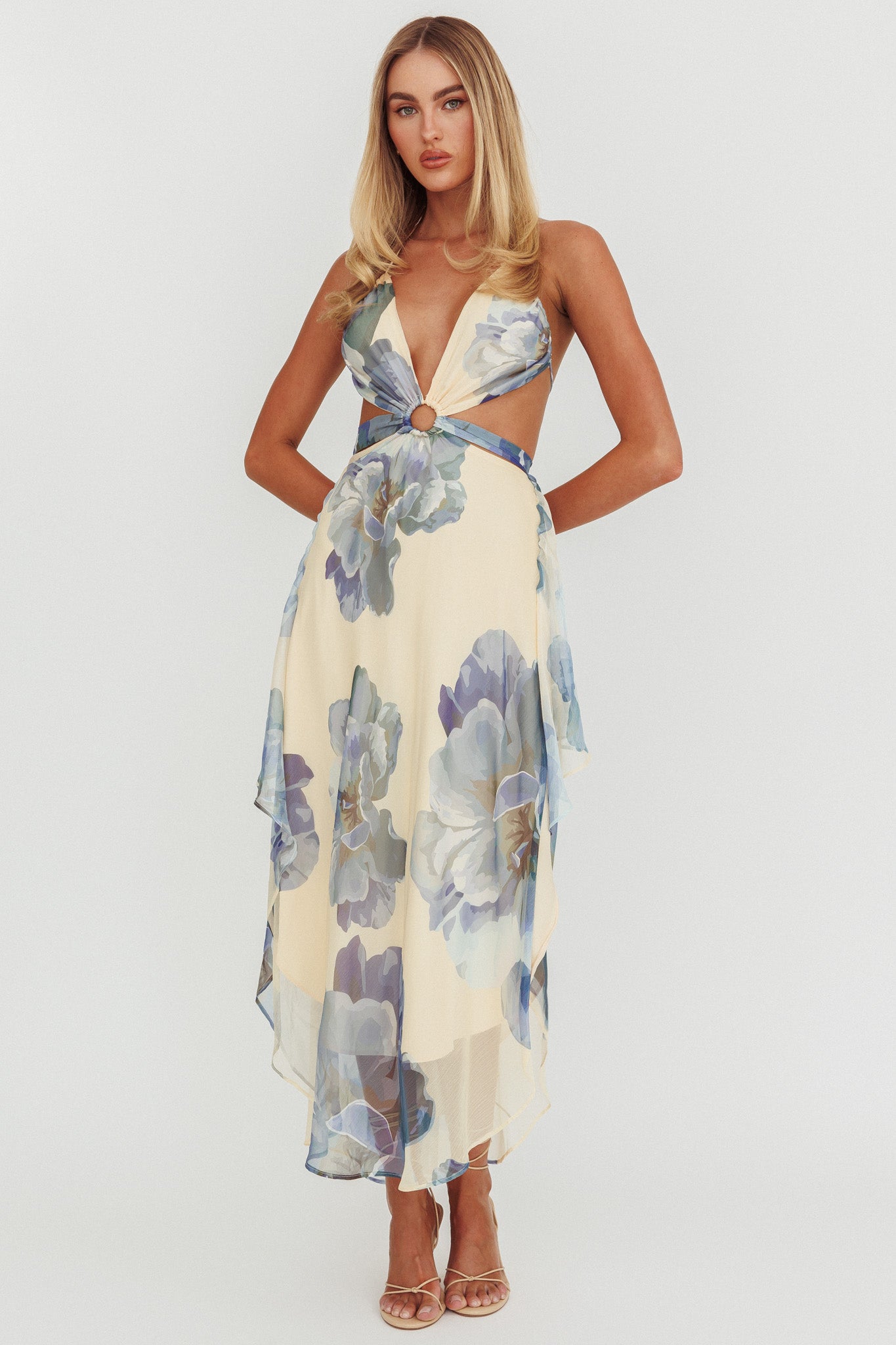 Samia Cut-Out Halterneck Maxi Dress Beige/Blue by Selfie Leslie Australia