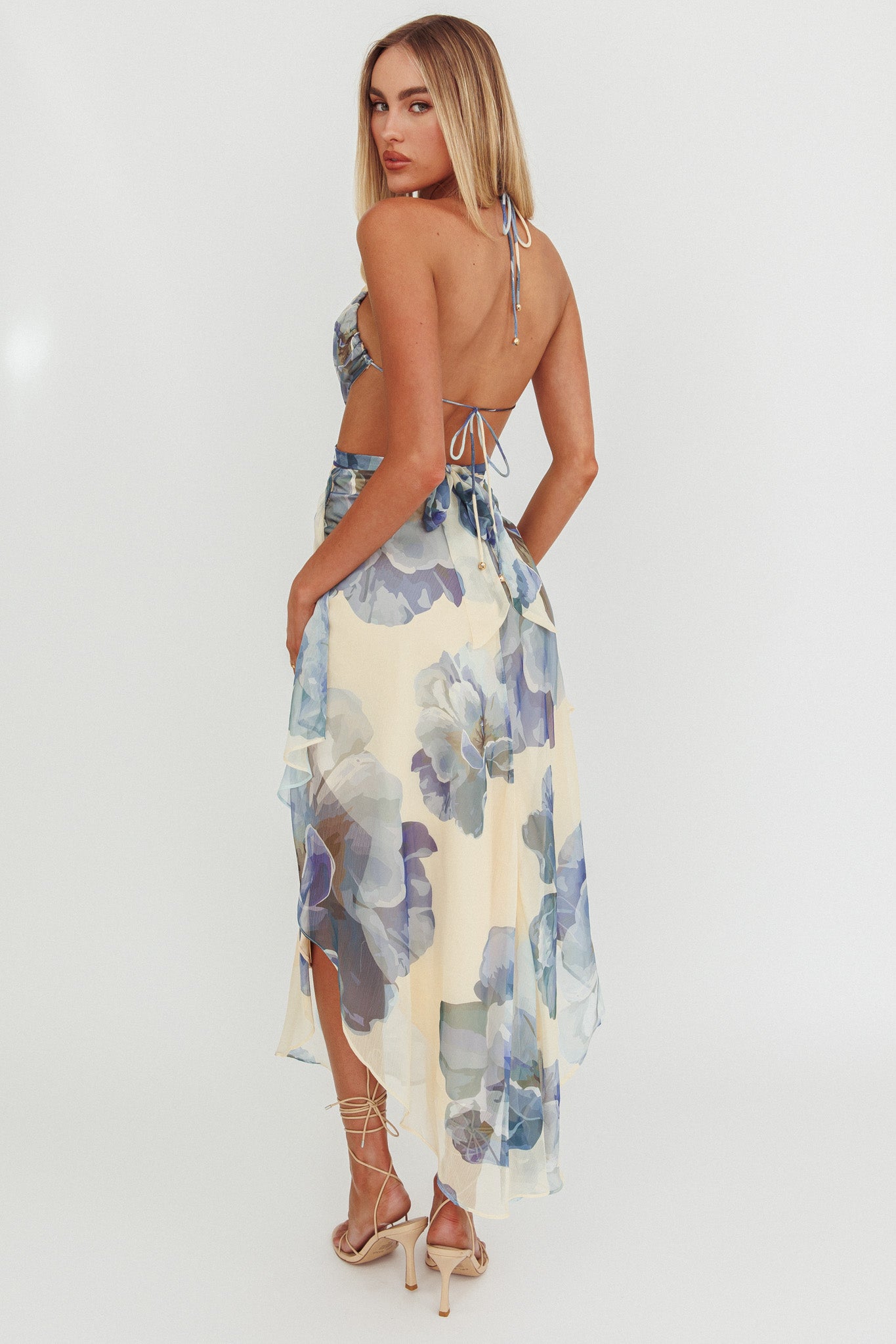 Samia Cut-Out Halterneck Maxi Dress Beige/Blue by Selfie Leslie Australia
