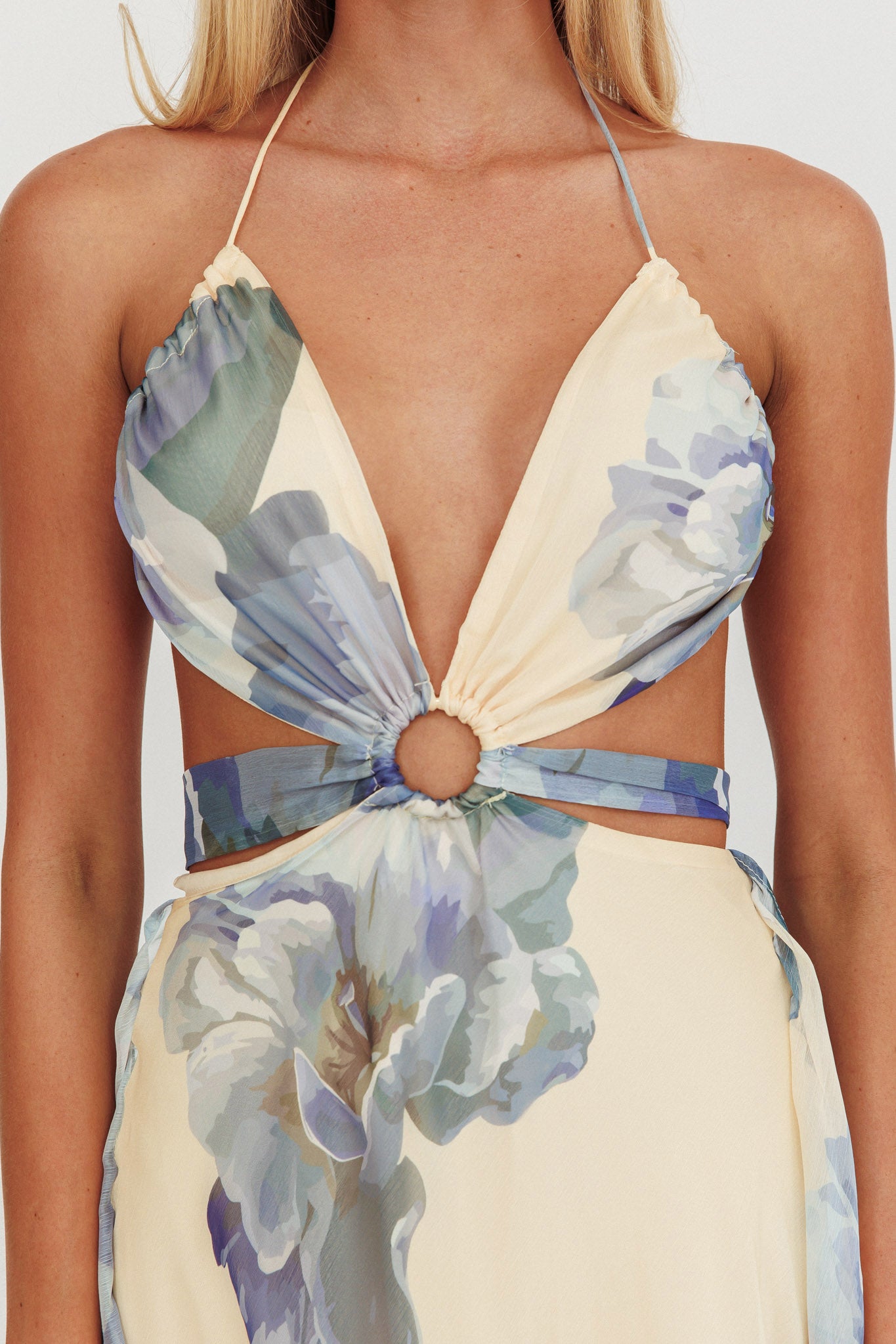 Samia Cut-Out Halterneck Maxi Dress Beige/Blue by Selfie Leslie Australia