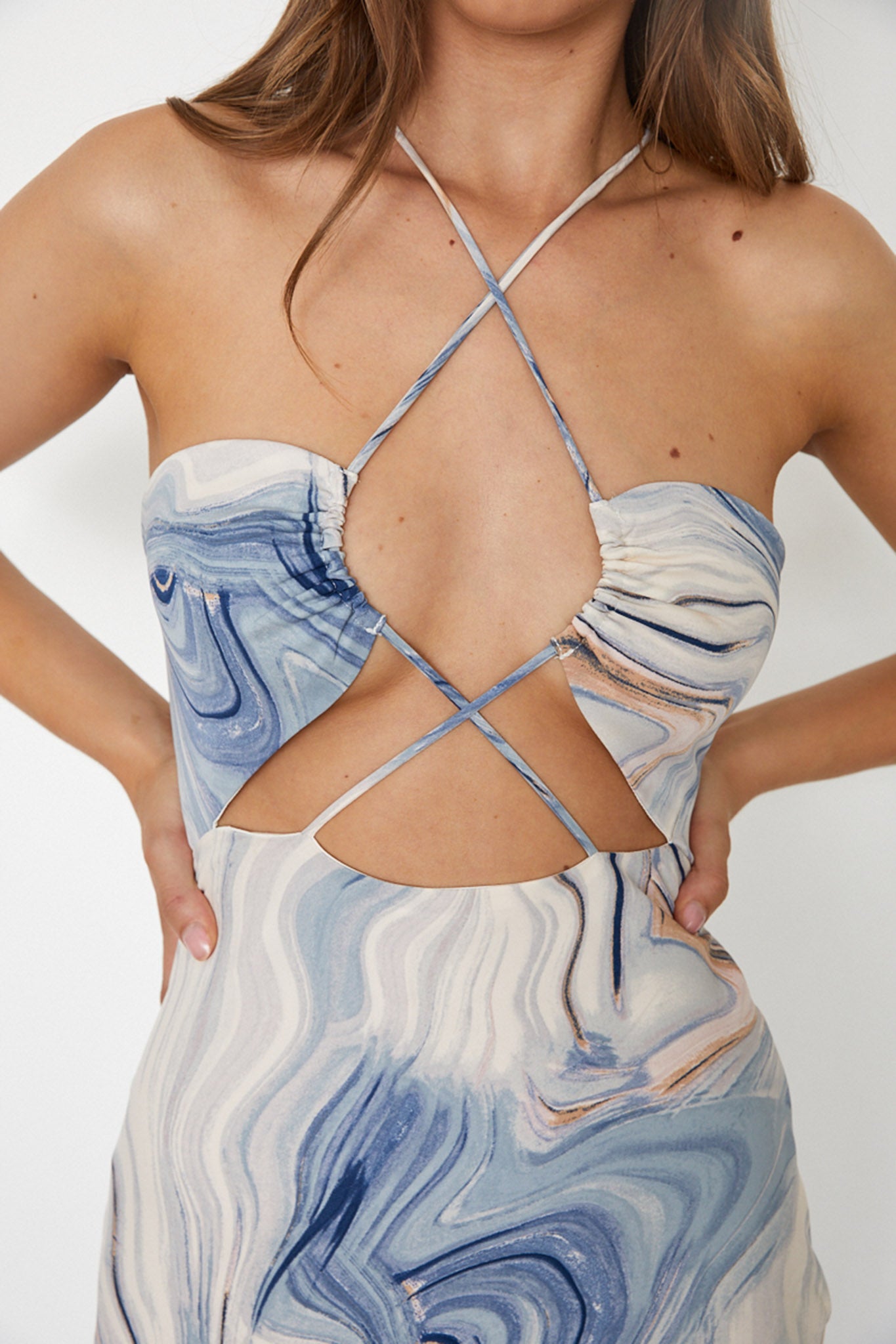 Elanora Strappy Midi Dress Marbled Blue by Selfie Leslie Australia