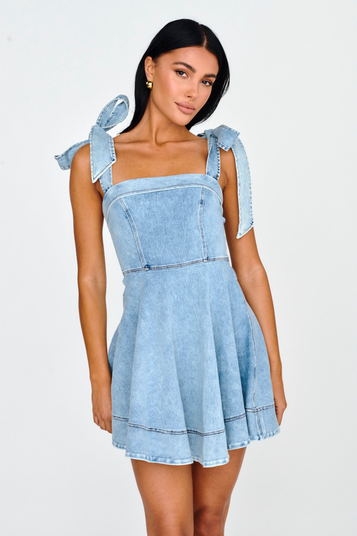 Shop the Jeanie Bow Shoulder Mini Dress Denim
