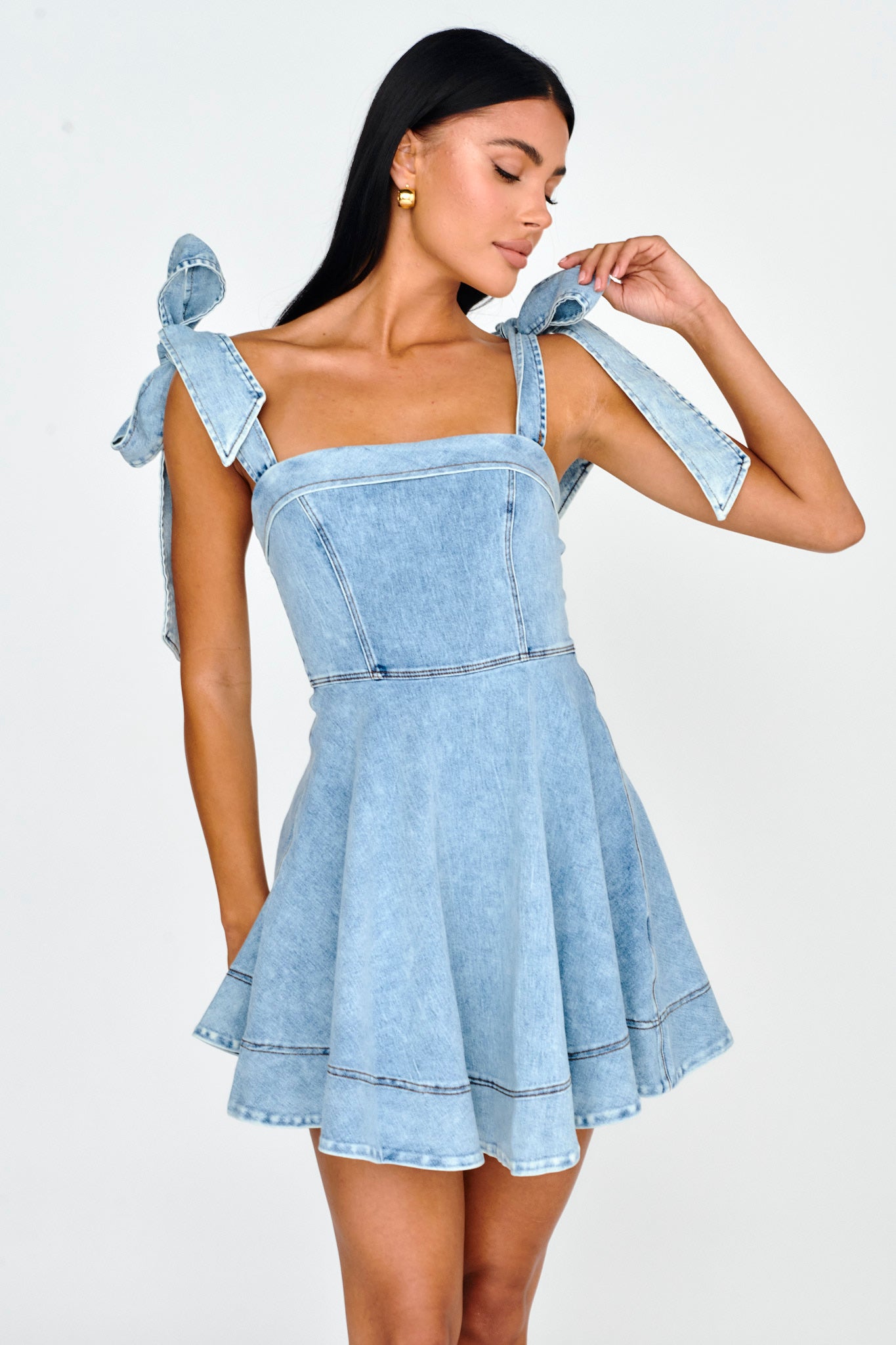 Jeanie Bow Shoulder Mini Dress Denim Selfie Leslie Australia Jeanie Bow Shoulder Mini Dress Denim Selfie Leslie Australia