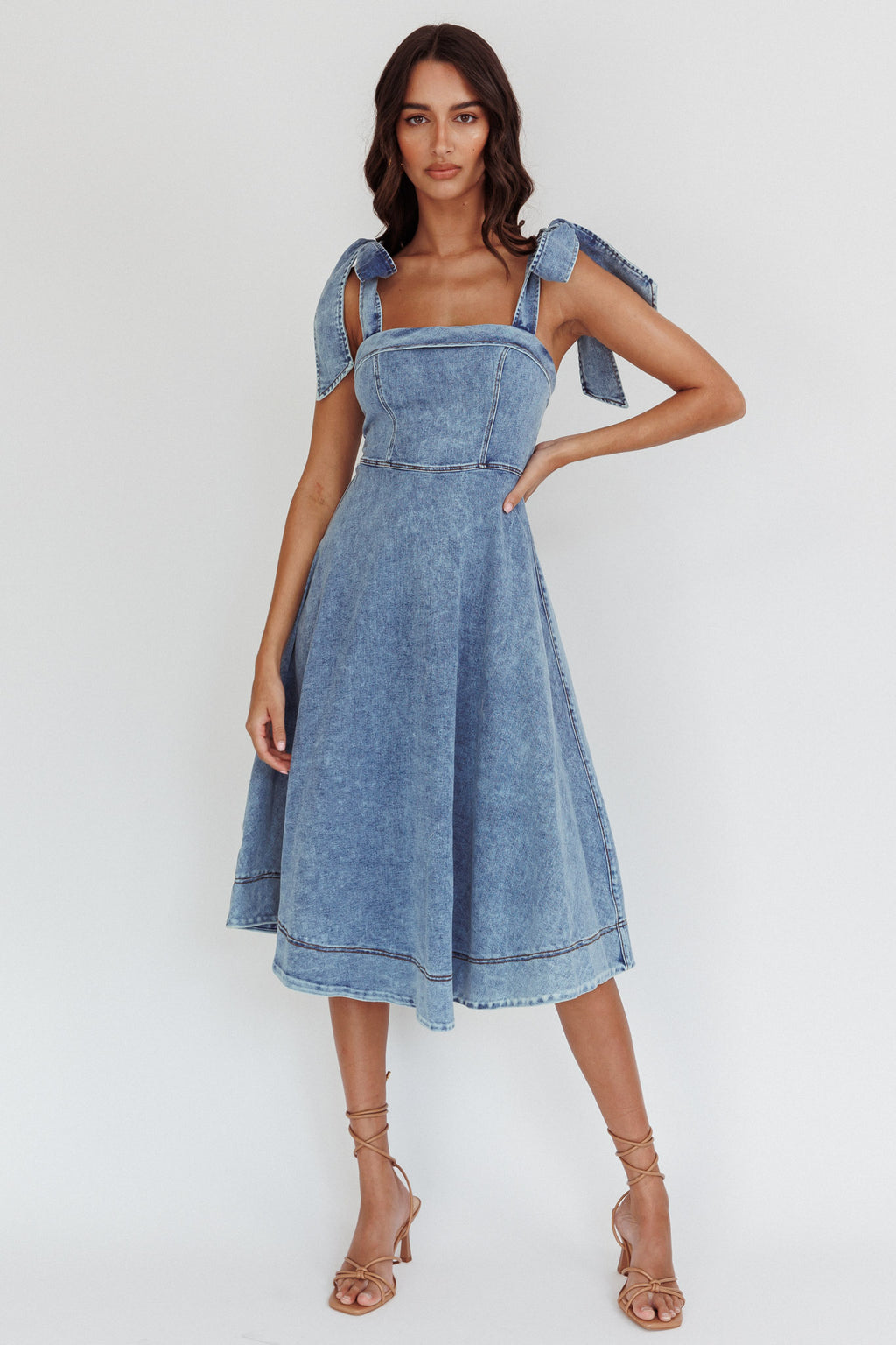 Jeanie Bow Shoulder Midi Dress Wash Denim Blue by Selfie Leslie Australia