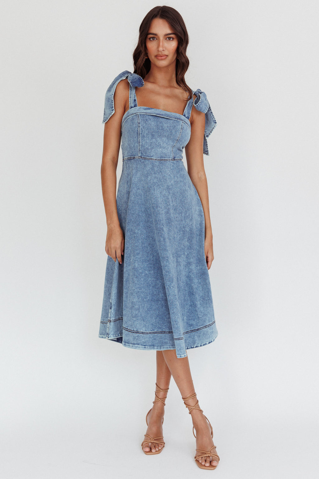 Jeanie Bow Shoulder Midi Dress Wash Denim Blue by Selfie Leslie Australia