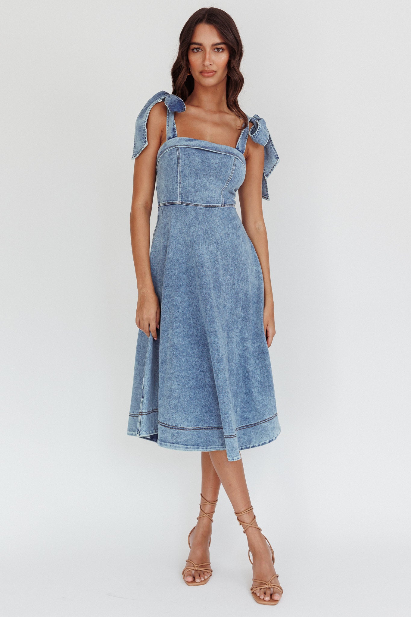 Jeanie Bow Shoulder Midi Dress Wash Denim Blue by Selfie Leslie Australia