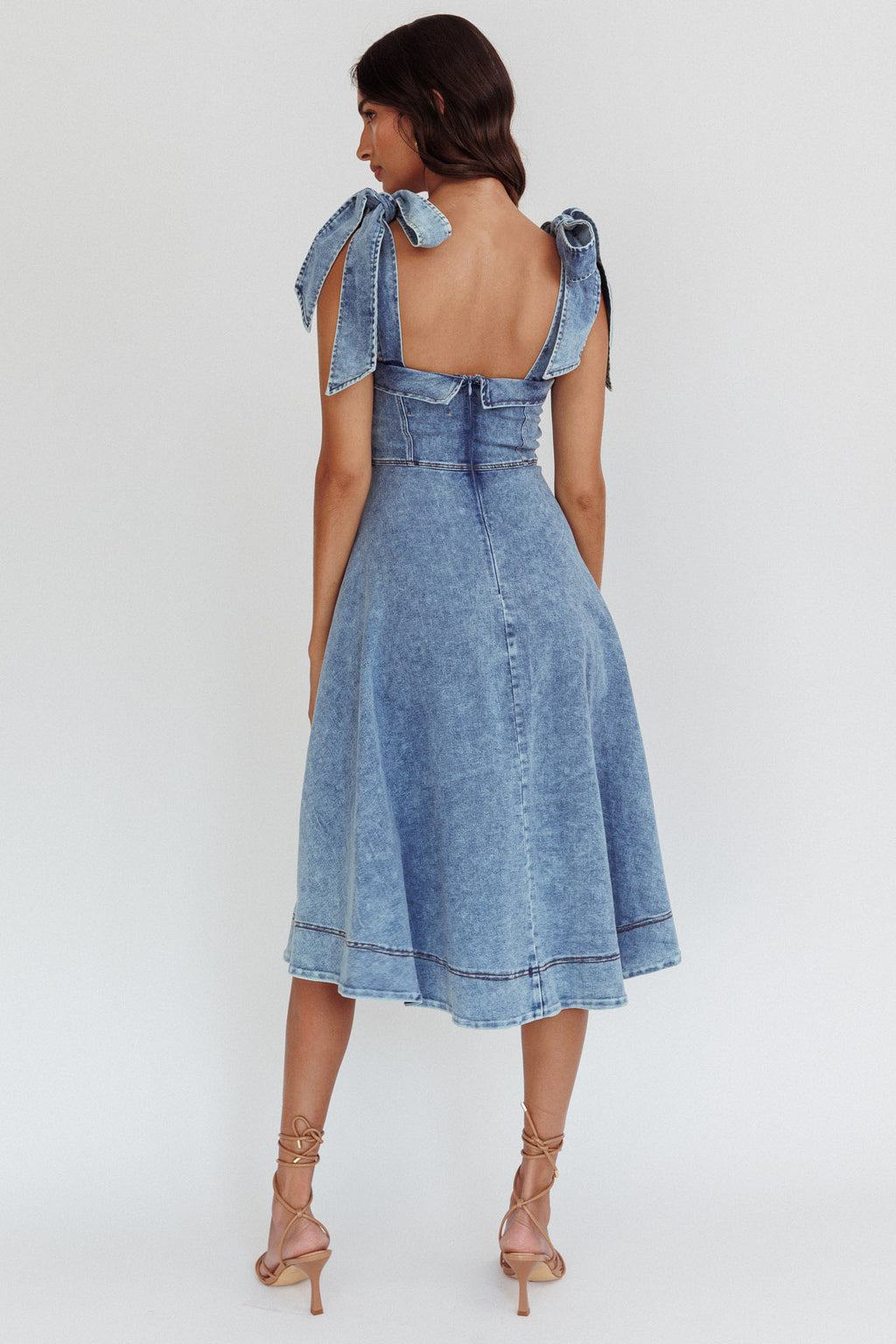 Jeanie Bow Shoulder Midi Dress Wash Denim Blue by Selfie Leslie Australia