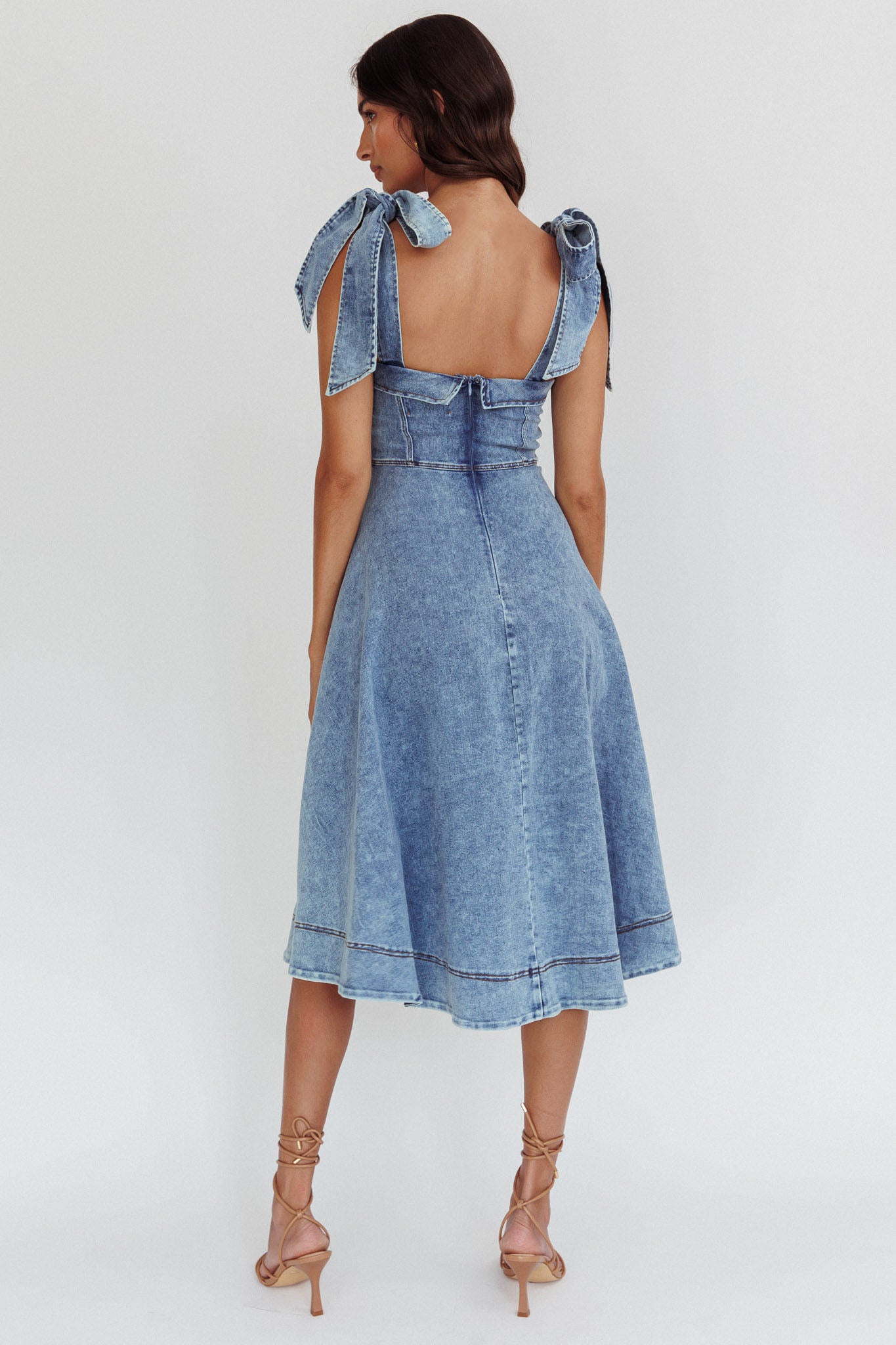 Jeanie Bow Shoulder Midi Dress Wash Denim Blue by Selfie Leslie Australia