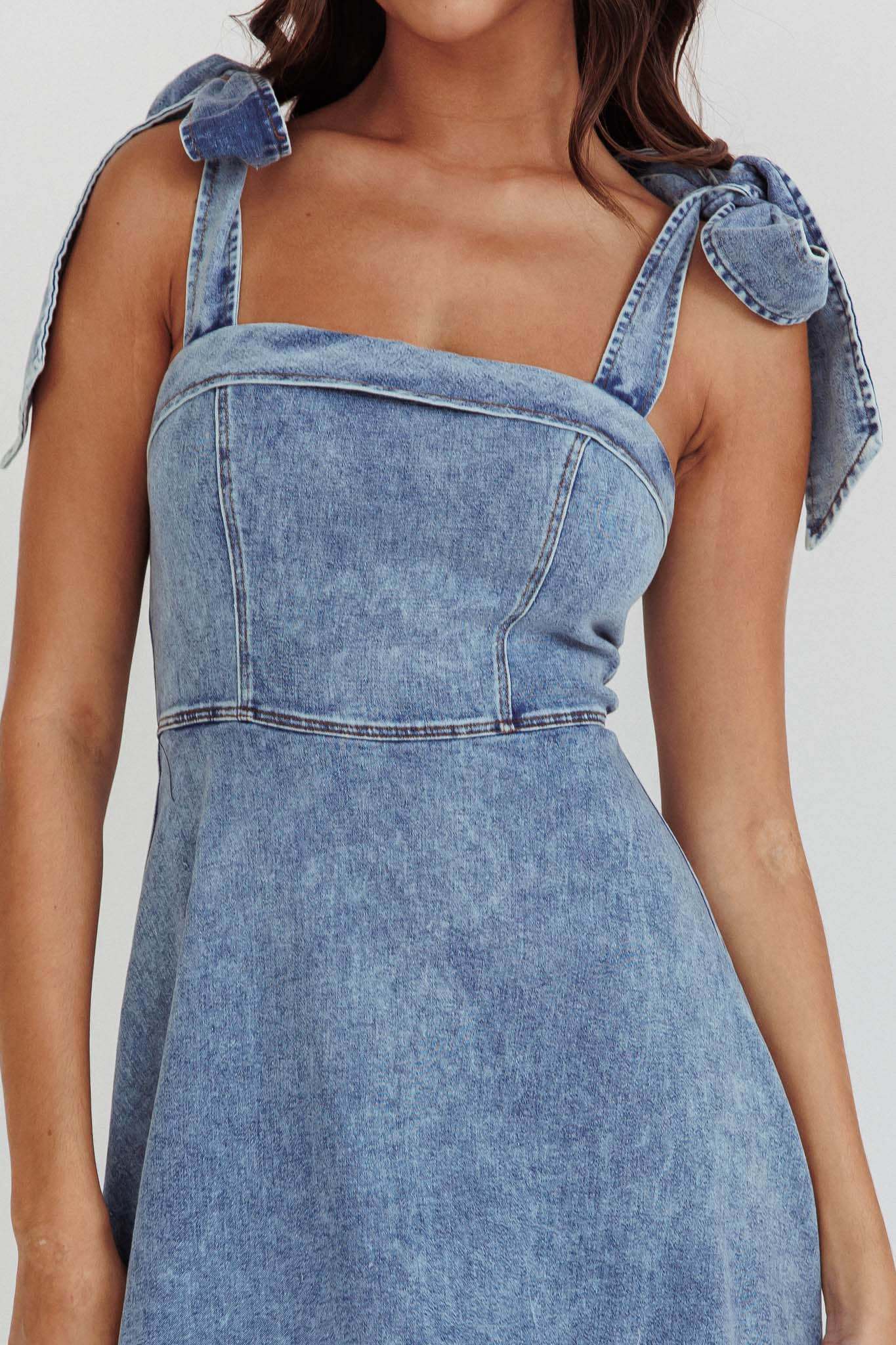 Jeanie Bow Shoulder Midi Dress Wash Denim Blue by Selfie Leslie Australia