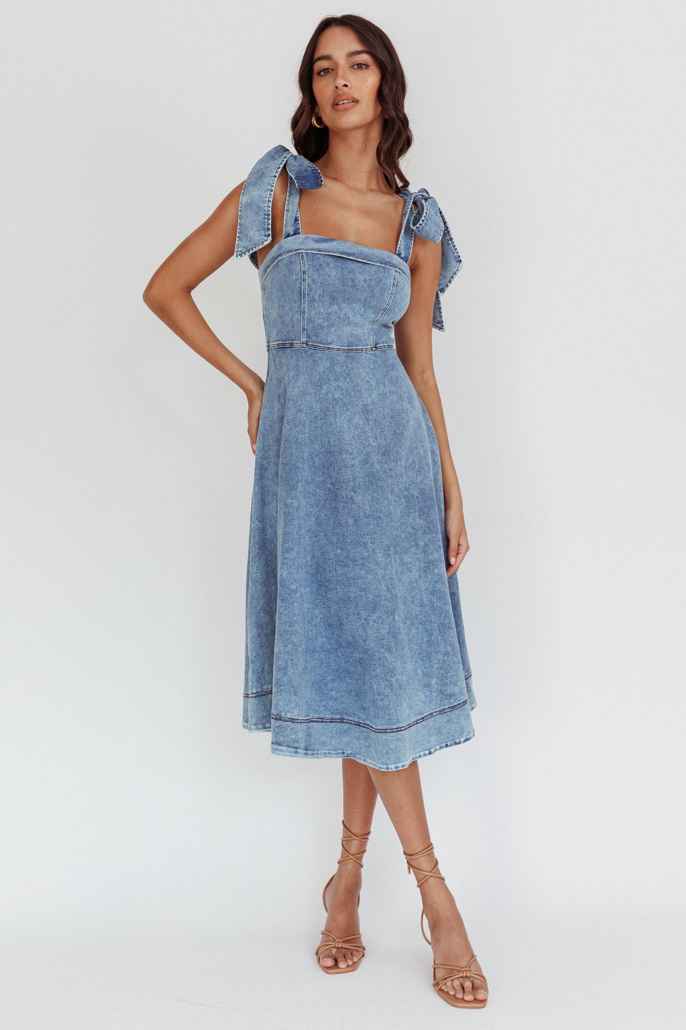 Jeanie Bow Shoulder Midi Dress Wash Denim Blue by Selfie Leslie Australia