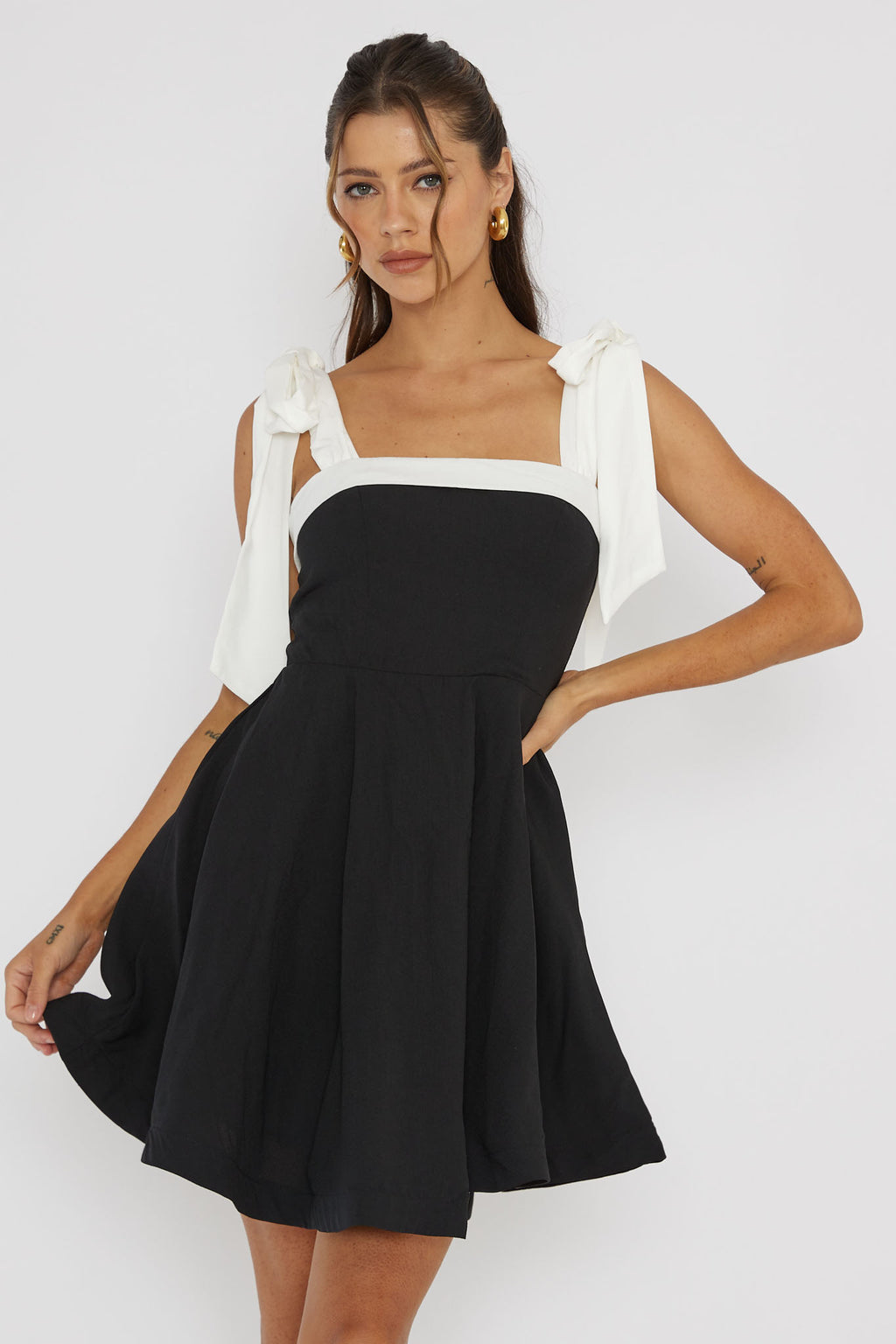 Jeanie Bow Shoulder Mini Dress Black by Selfie Leslie Australia
