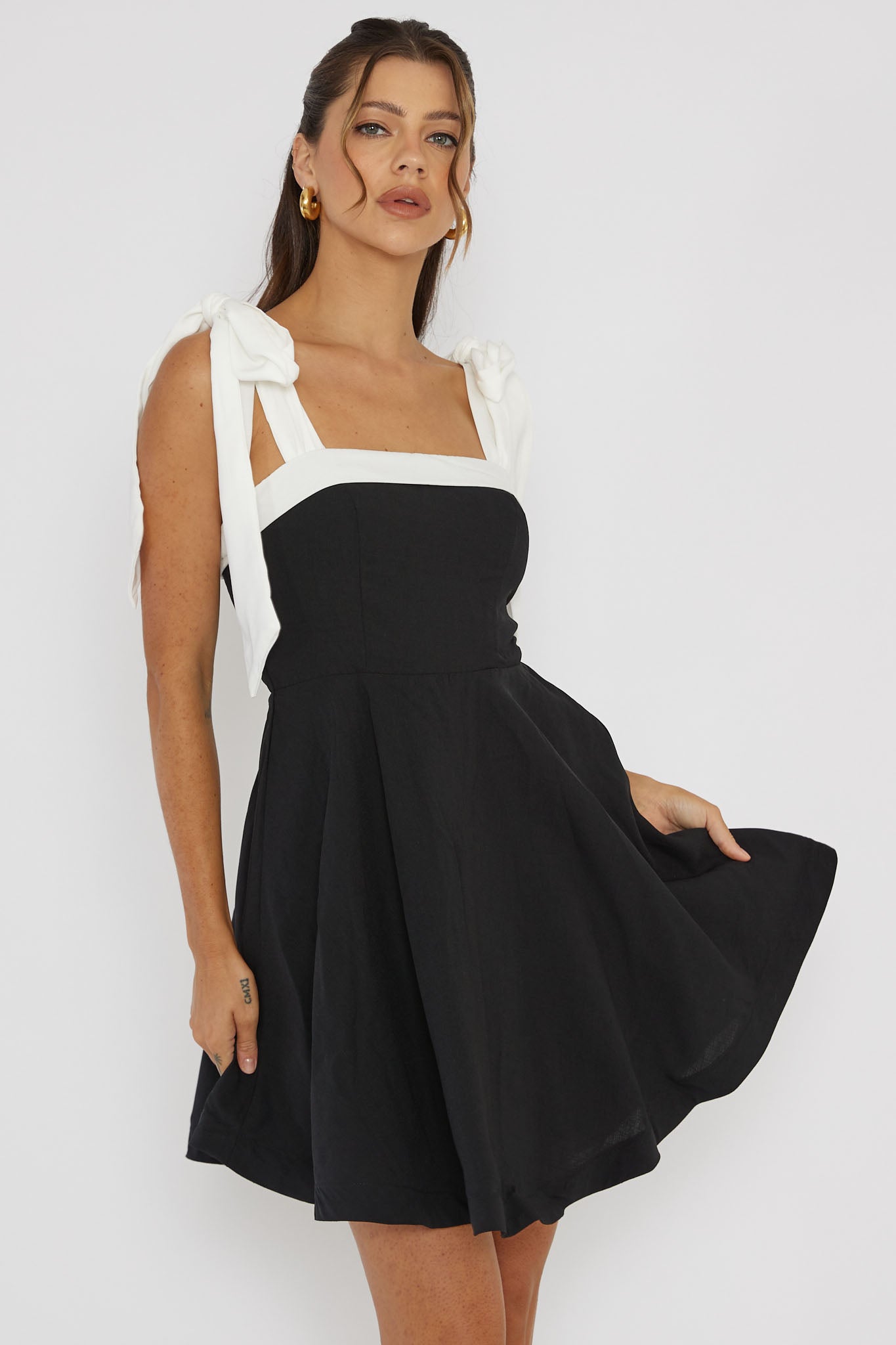 Jeanie Bow Shoulder Mini Dress Black by Selfie Leslie Australia
