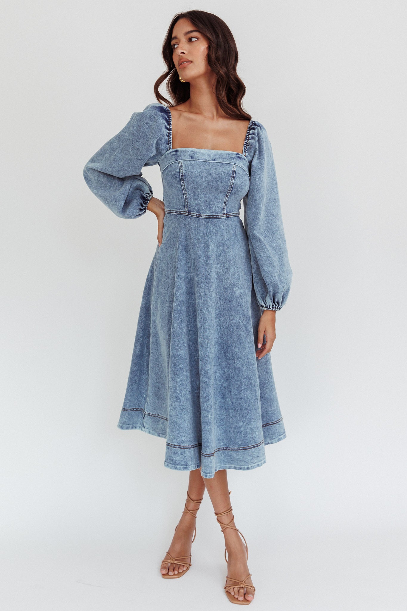 Jeanie Bow Shoulder Midi Dress Denim Blue by Selfie Leslie Australia