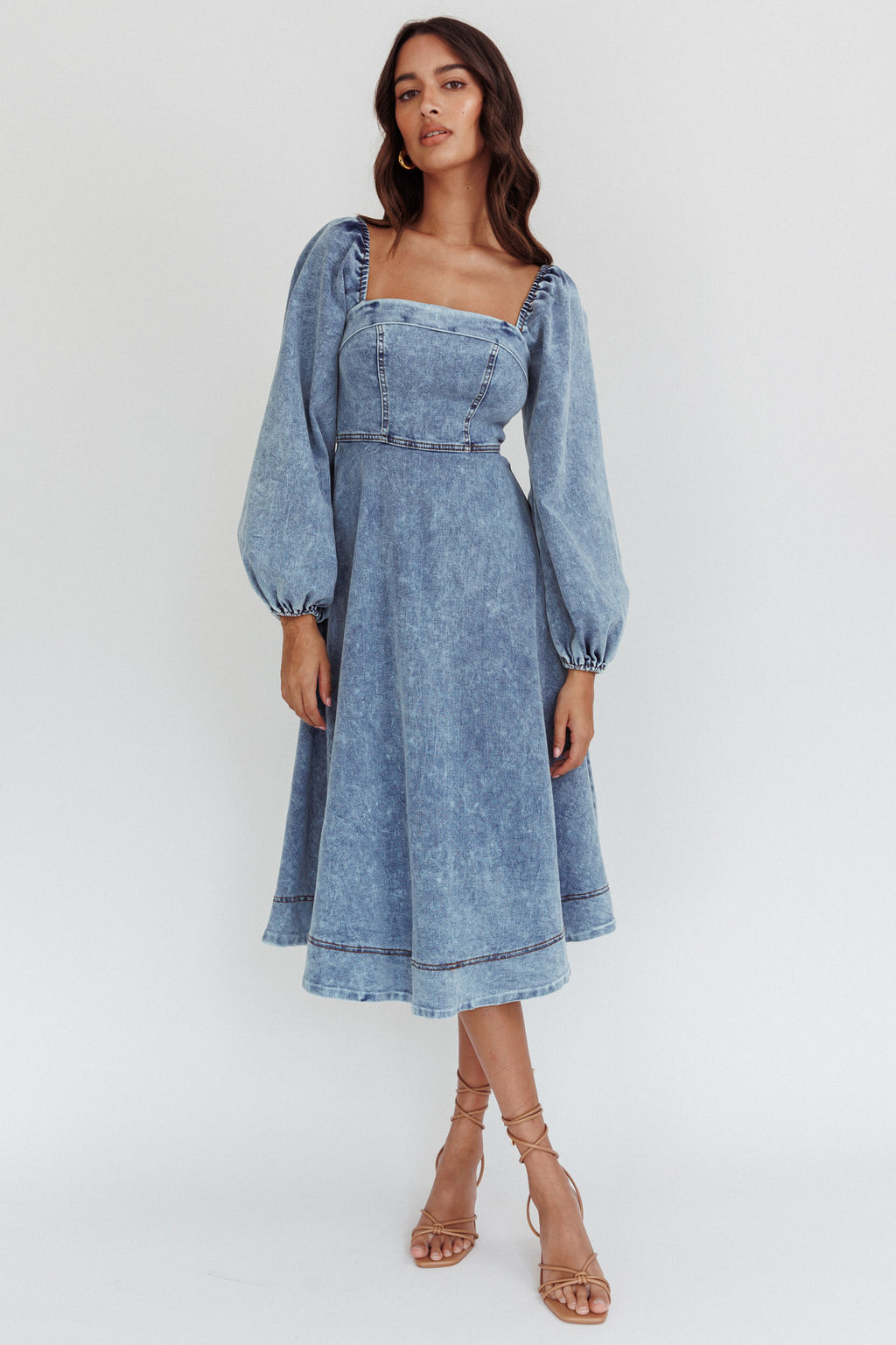 Jeanie Bow Shoulder Midi Dress Denim Blue by Selfie Leslie Australia